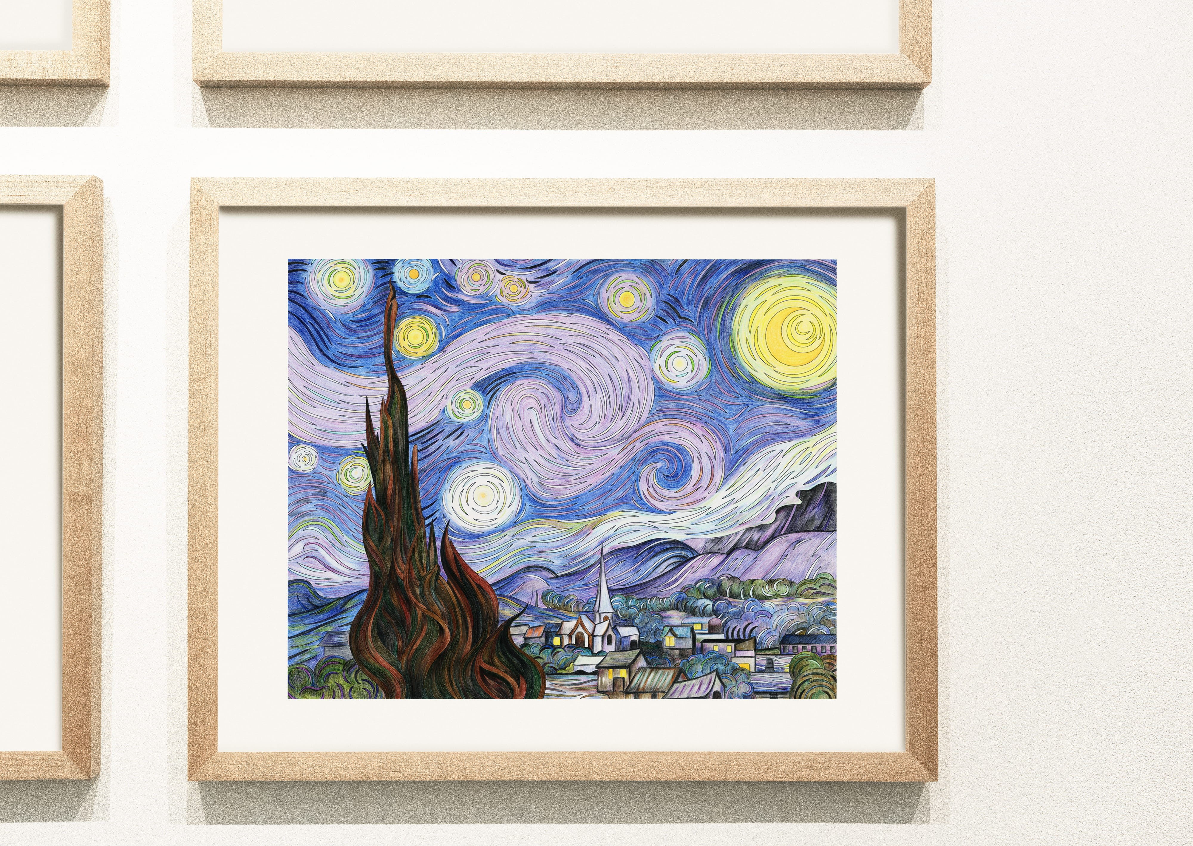 pattern, glass, illustration, design, mural, blue, framed, night, painting, creativity, multi colored, day, window, no people, 4K, van, starry, architecture, HD Wallpaper