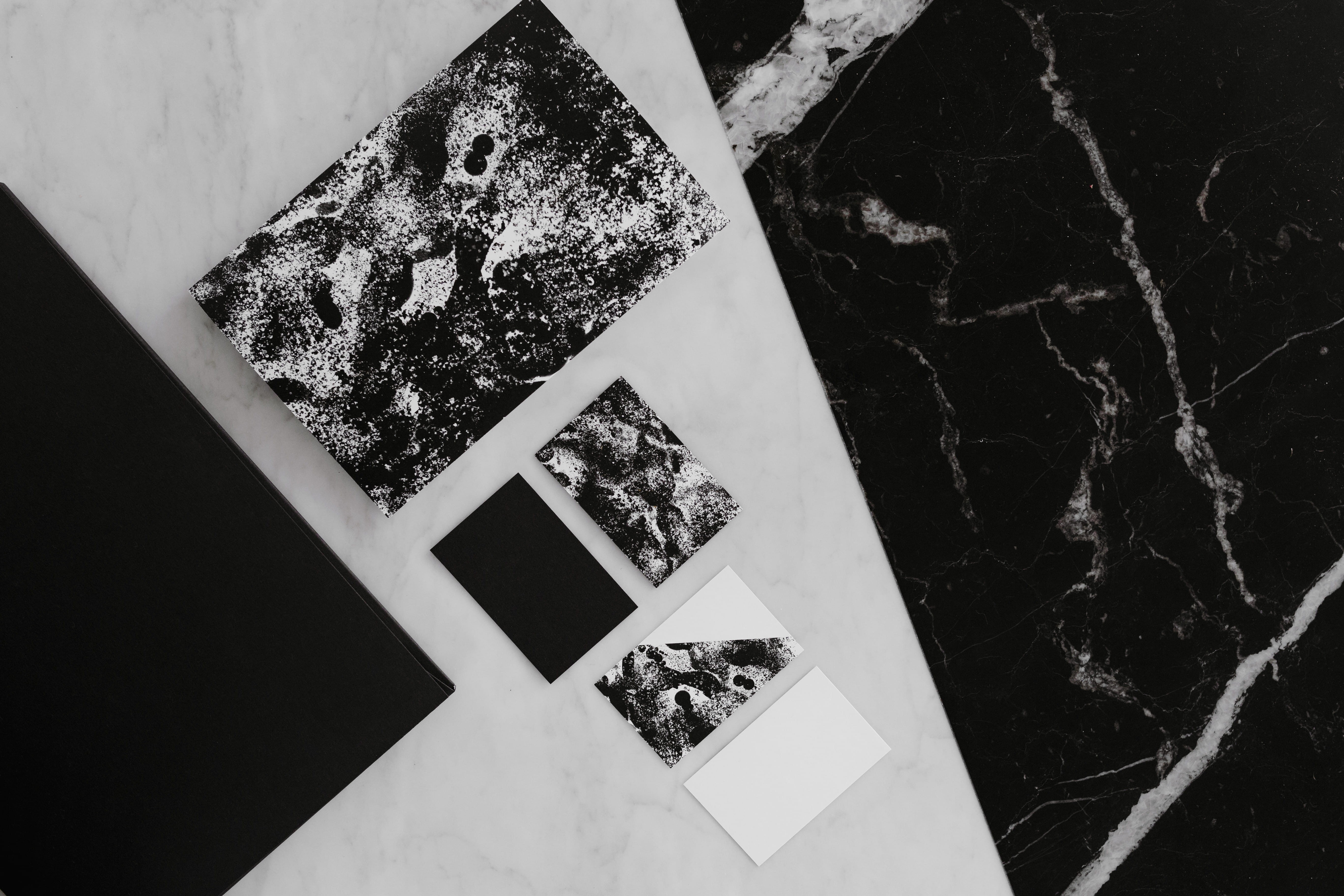 design, black, template, white, 5K, creativity, business, directly above, close-up, flyer, indoors, brand, marble, tiled floor, business card, built structure, HD Wallpaper