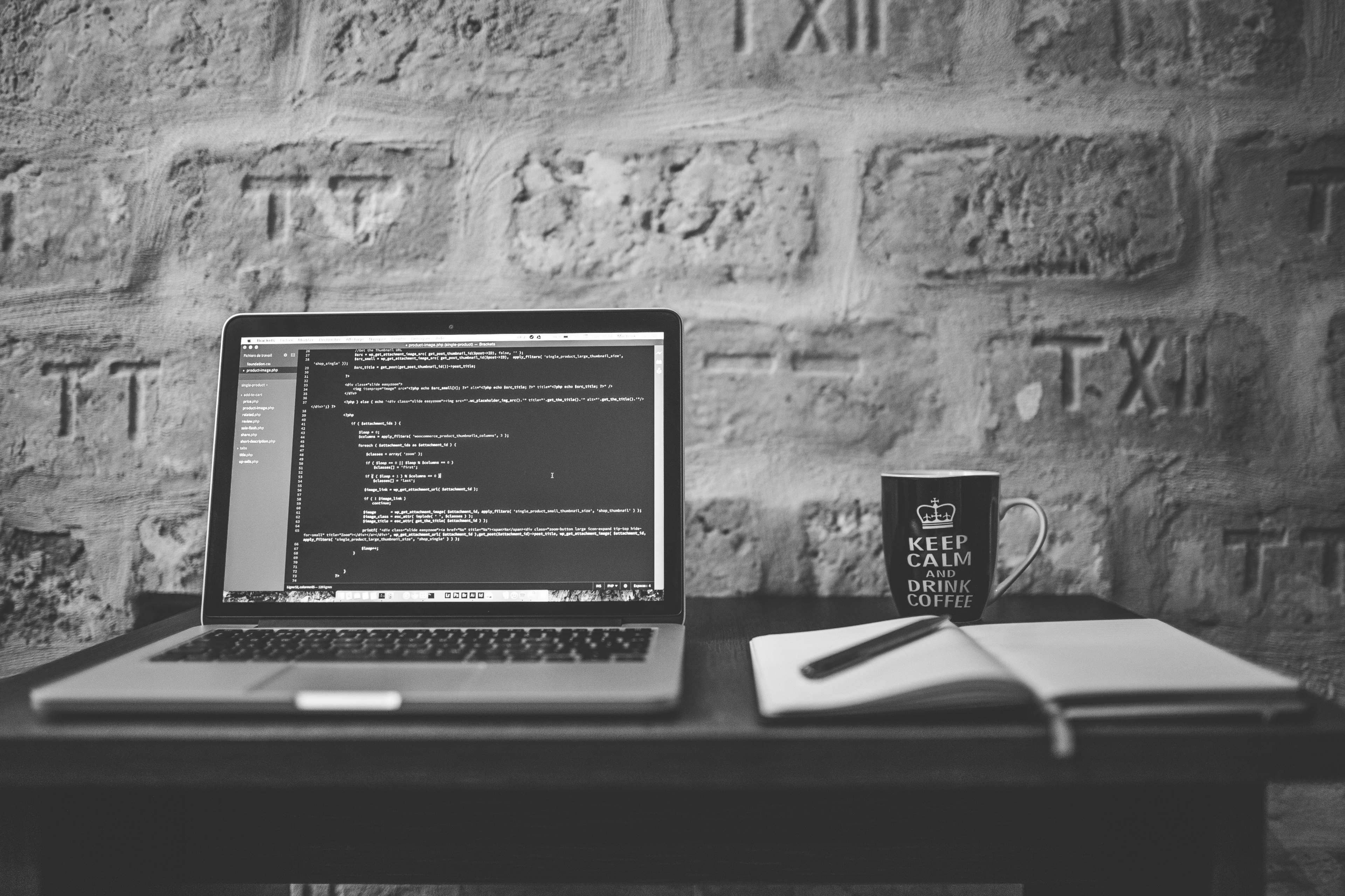 no people, computer monitor, 4K, wall, keyboard, laptop, cup, apple, table, black and white, stone wall, day, connection, western script, old, text, communication, HD Wallpaper