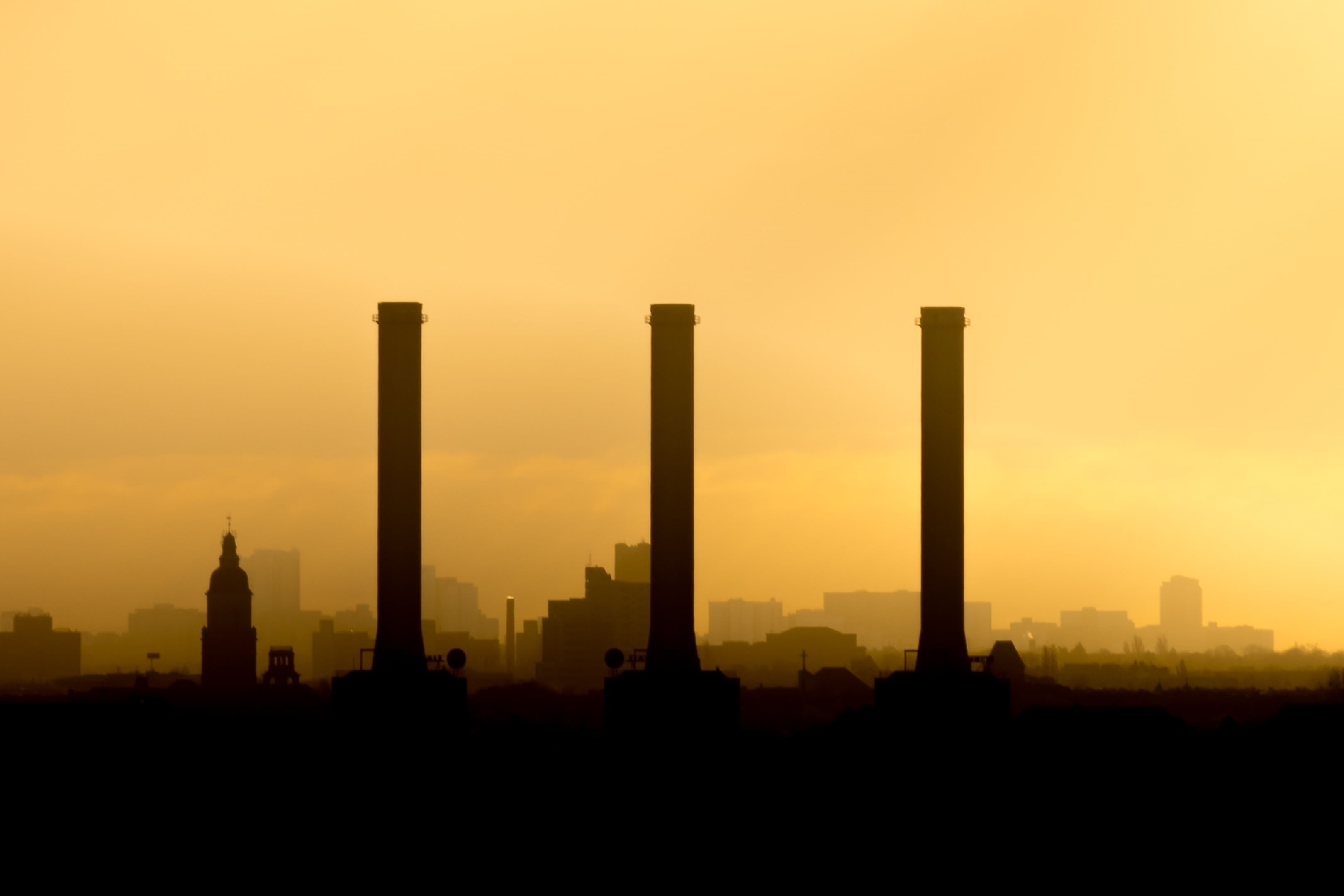 no people, industry, high, silhouette, office building exterior, city, architecture, sunset, skyscraper, built structure, pollution, orange color, sunlight, HD Wallpaper