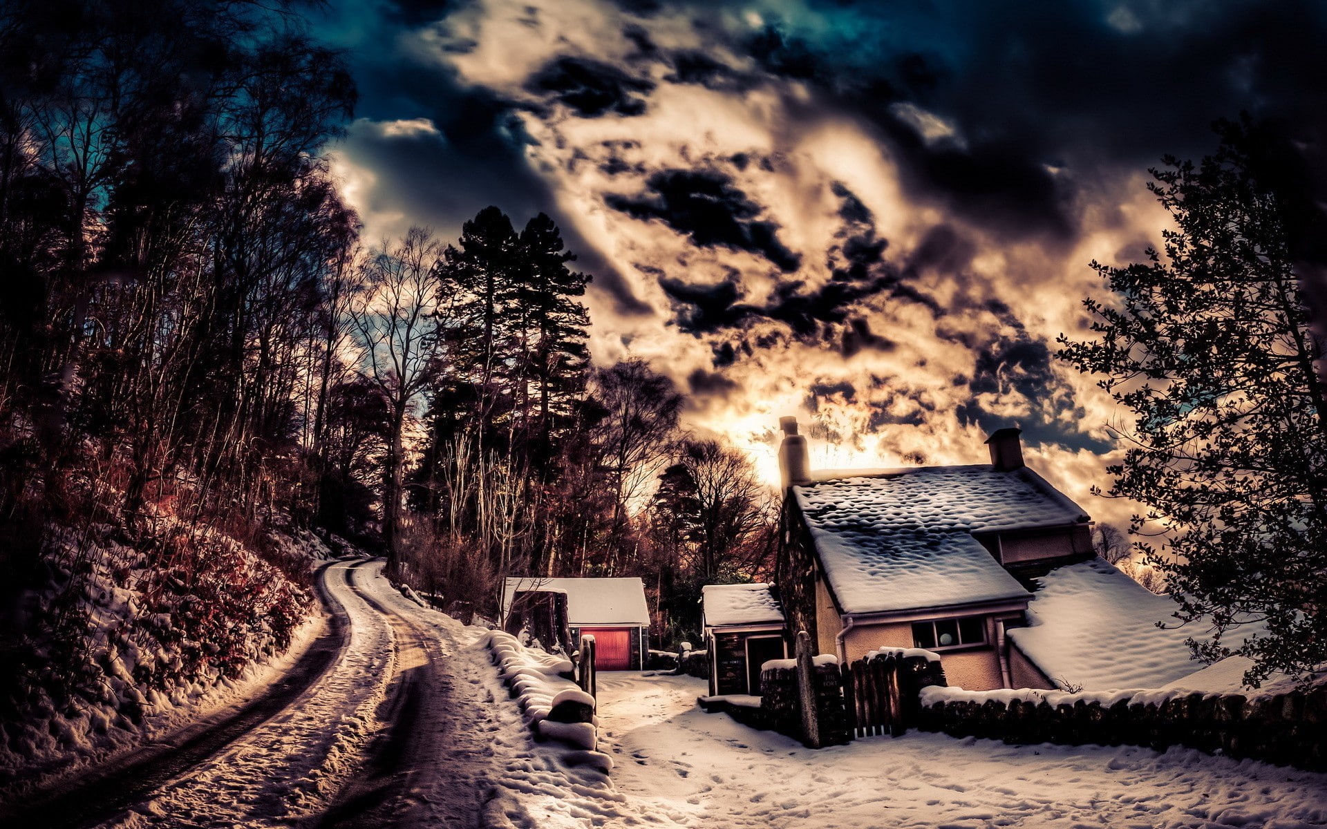 chimneys, snow, HDR, clouds, sky, 1080P, trees, road, house, nature, HD Wallpaper