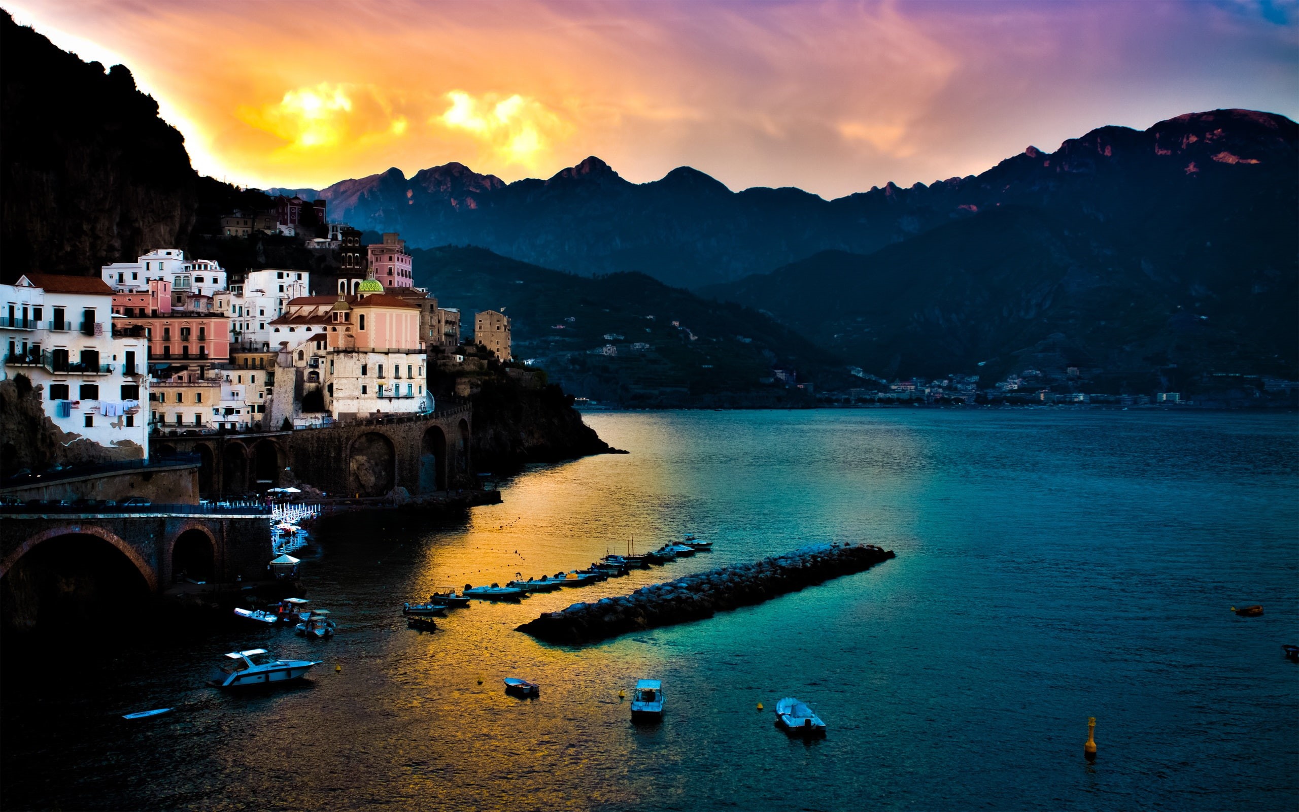 Houses, Sea, Amalfi, Tyrrhenian, Mountains, 2K, Italy, Sunset, Dusk, HD Wallpaper