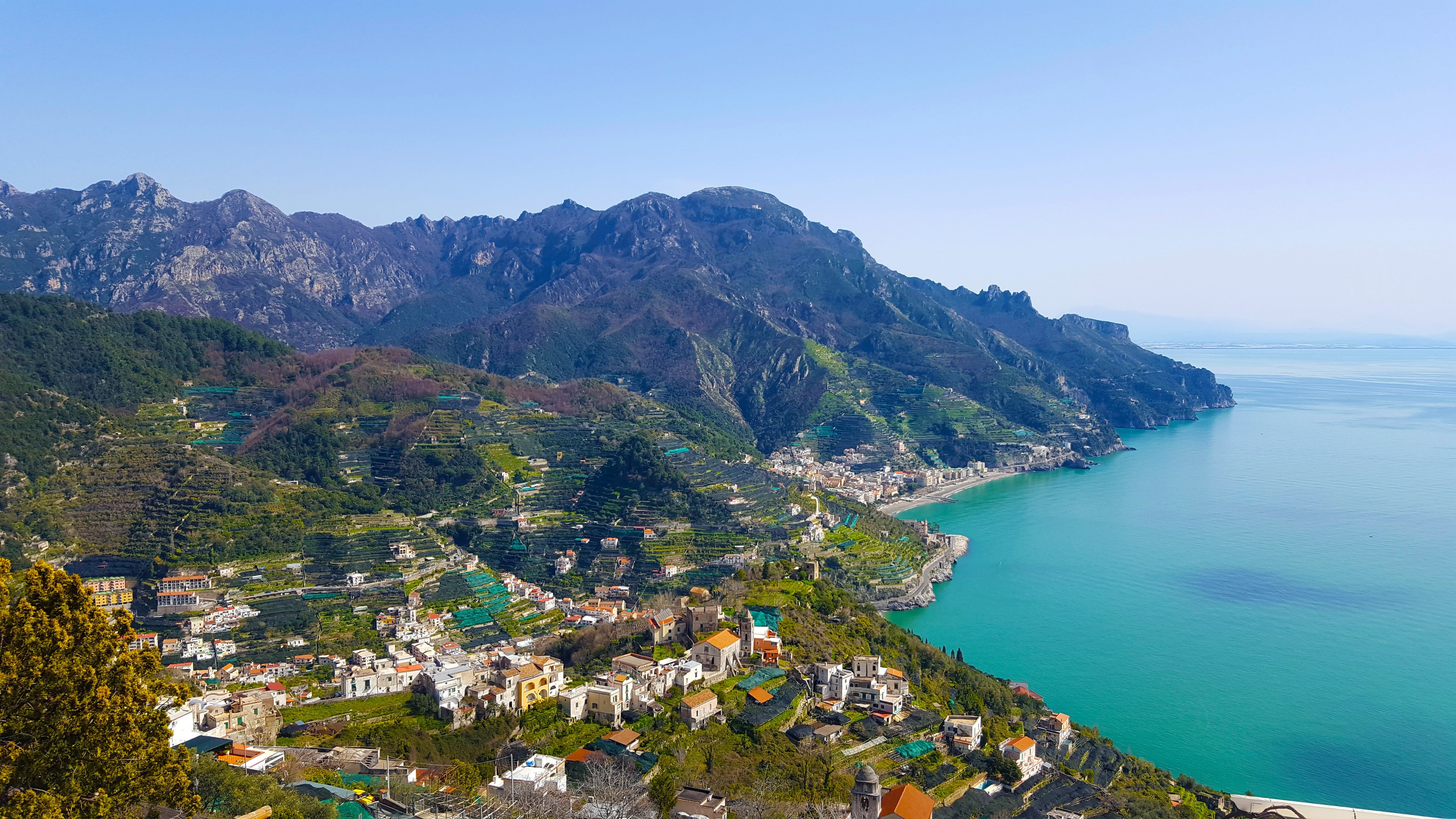 building, mountain range, ravello, salerno, costiera, contemplation, bay, campania, water, sun, cliff, sunset, beauty in nature, city, landscape, scenics - nature, HD Wallpaper
