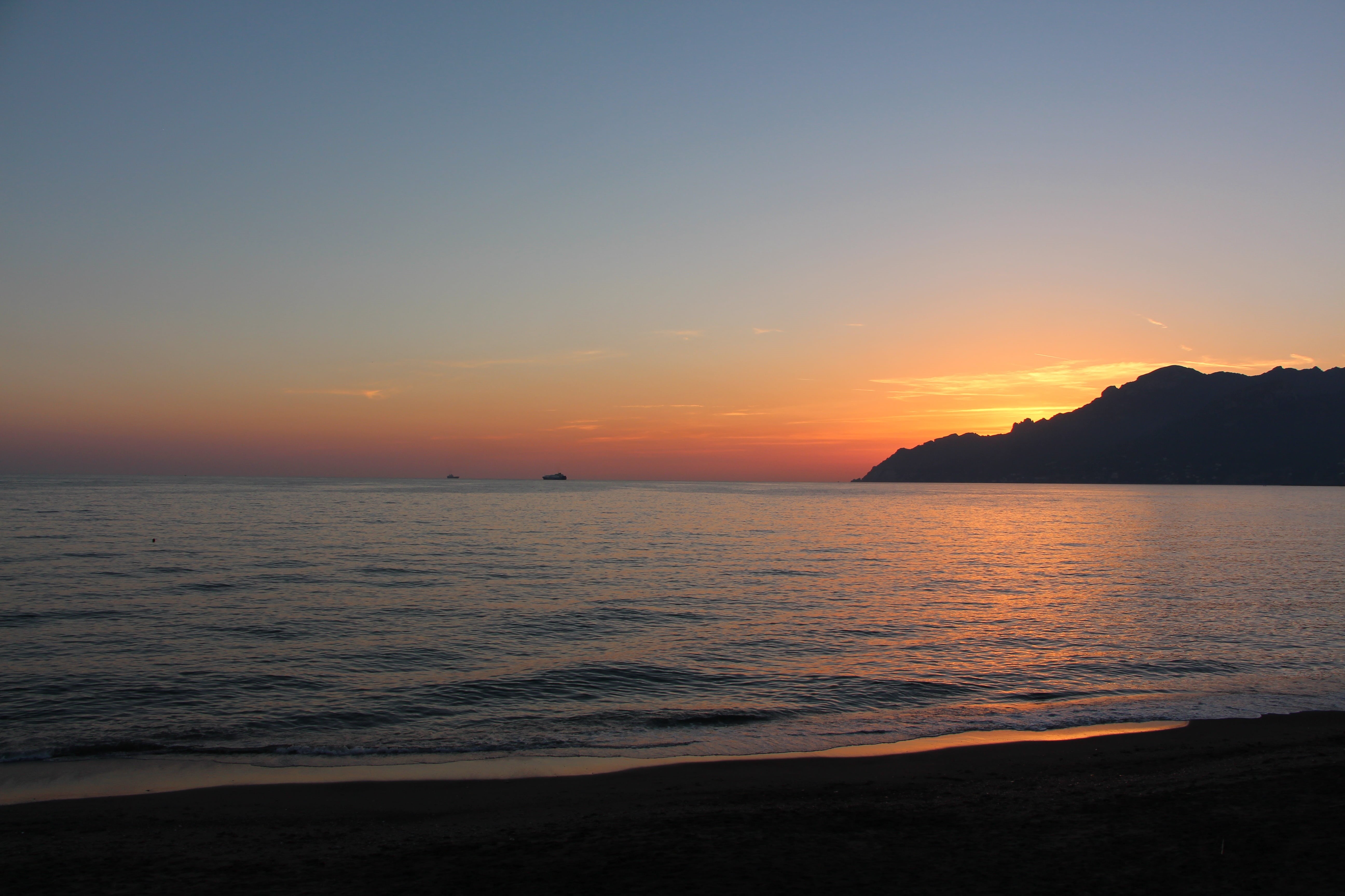 horizon, vietri sul mare, tranquility, amalfi, scenics - nature, sunset, salerno, tyrrhenian, outdoors, sand, mountain, water, sea, orange, no people, non-urban scene, HD Wallpaper