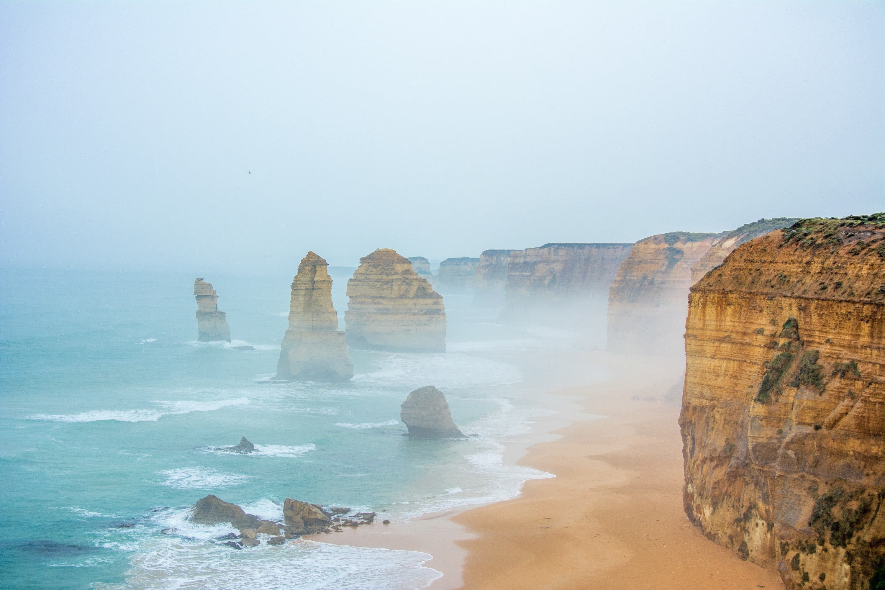 rock, building, idyllic, water, solid, rock formation, rock - object, mist, cliff, Twelve Apostles, 2K, white, non-urban scene, beach, clear sky, brown, HD Wallpaper