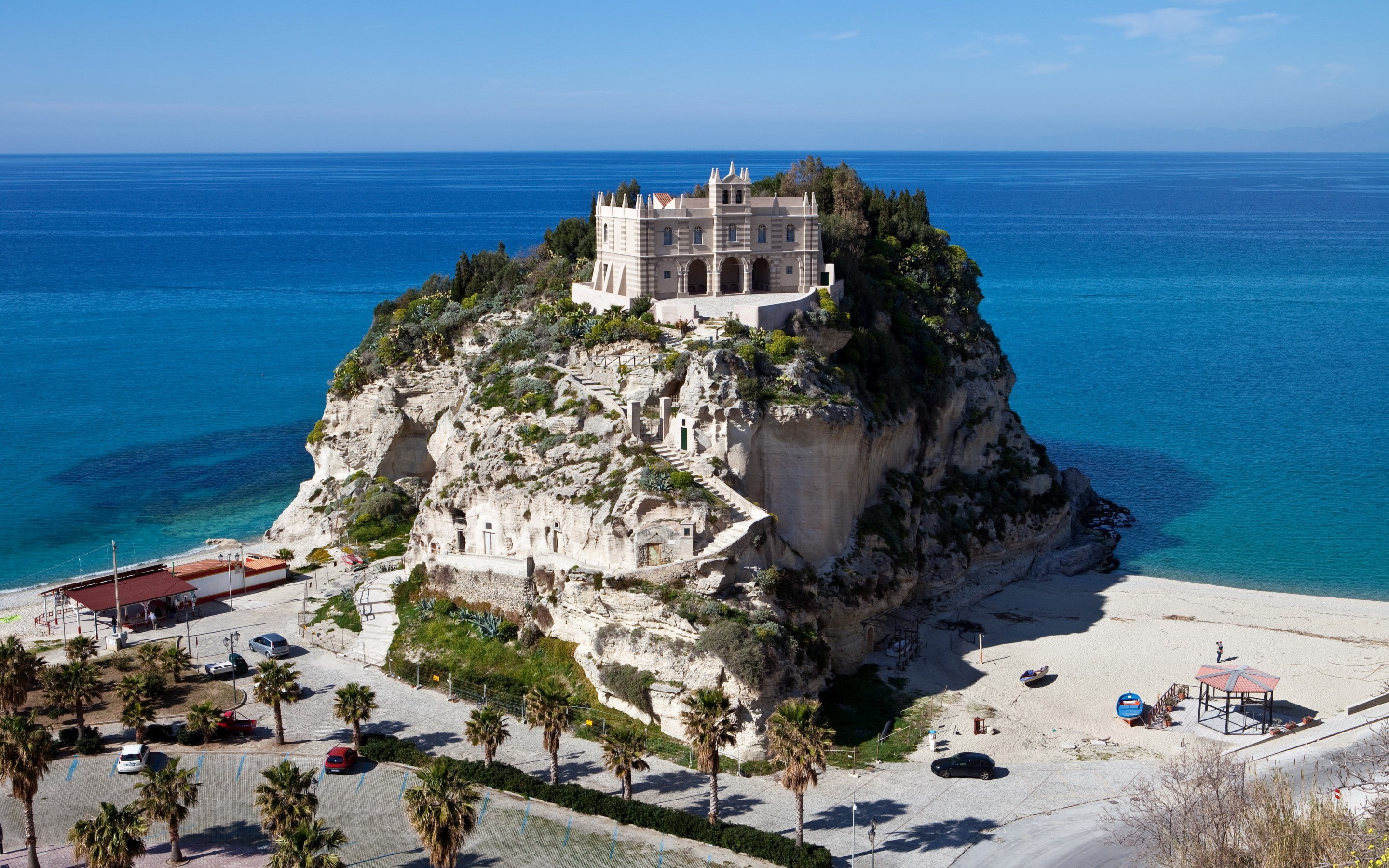 rock, stairs, concrete, building, top, near, landscape, Italy, brown, sea, palace, 2K, Tropea, island, horizon, trees, HD Wallpaper
