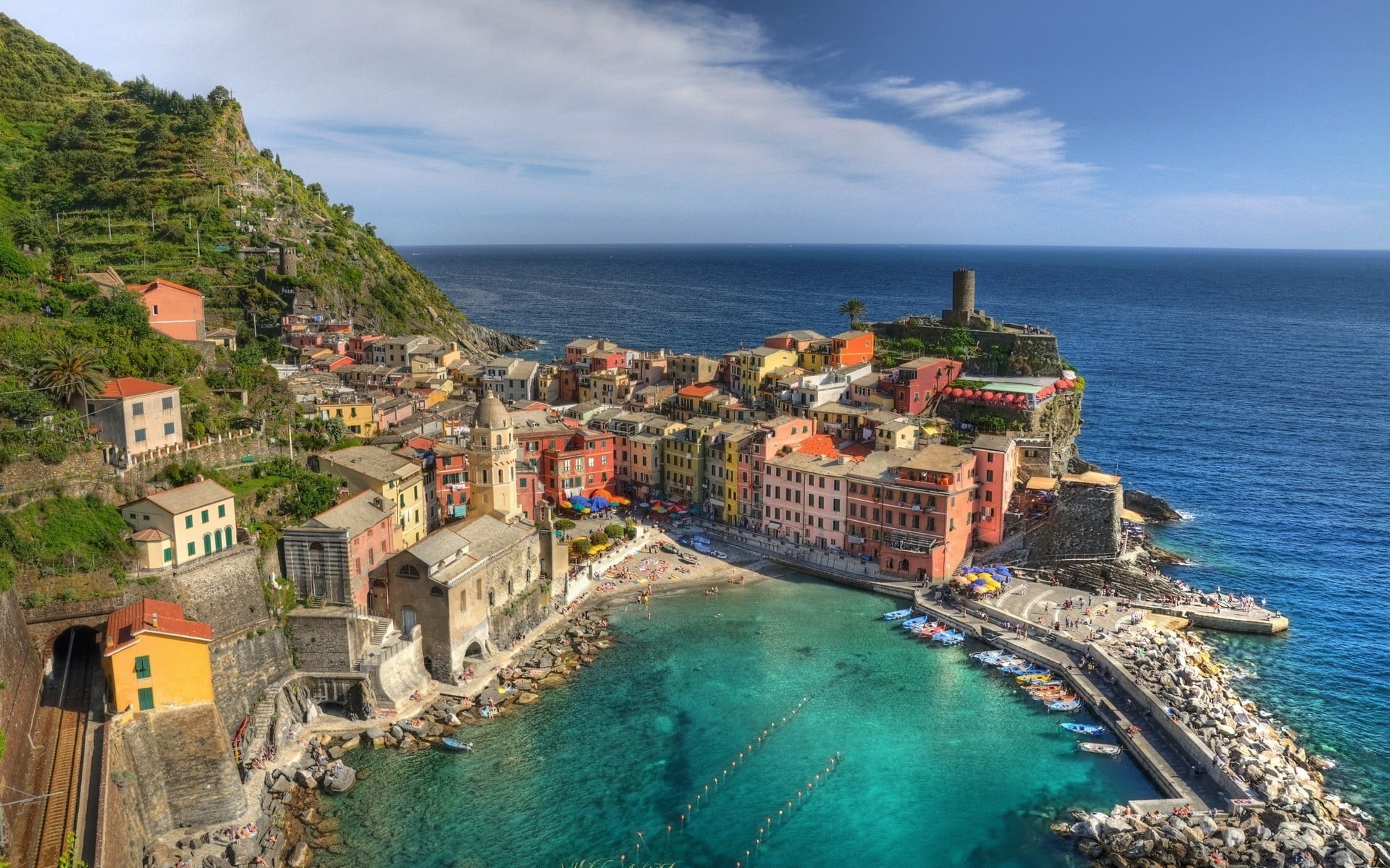 day, built structure, high angle view, travel destinations, city, beach, white, Vernazza, Italy, water, building, cityscape, concrete, storey, horizon over water, HD Wallpaper