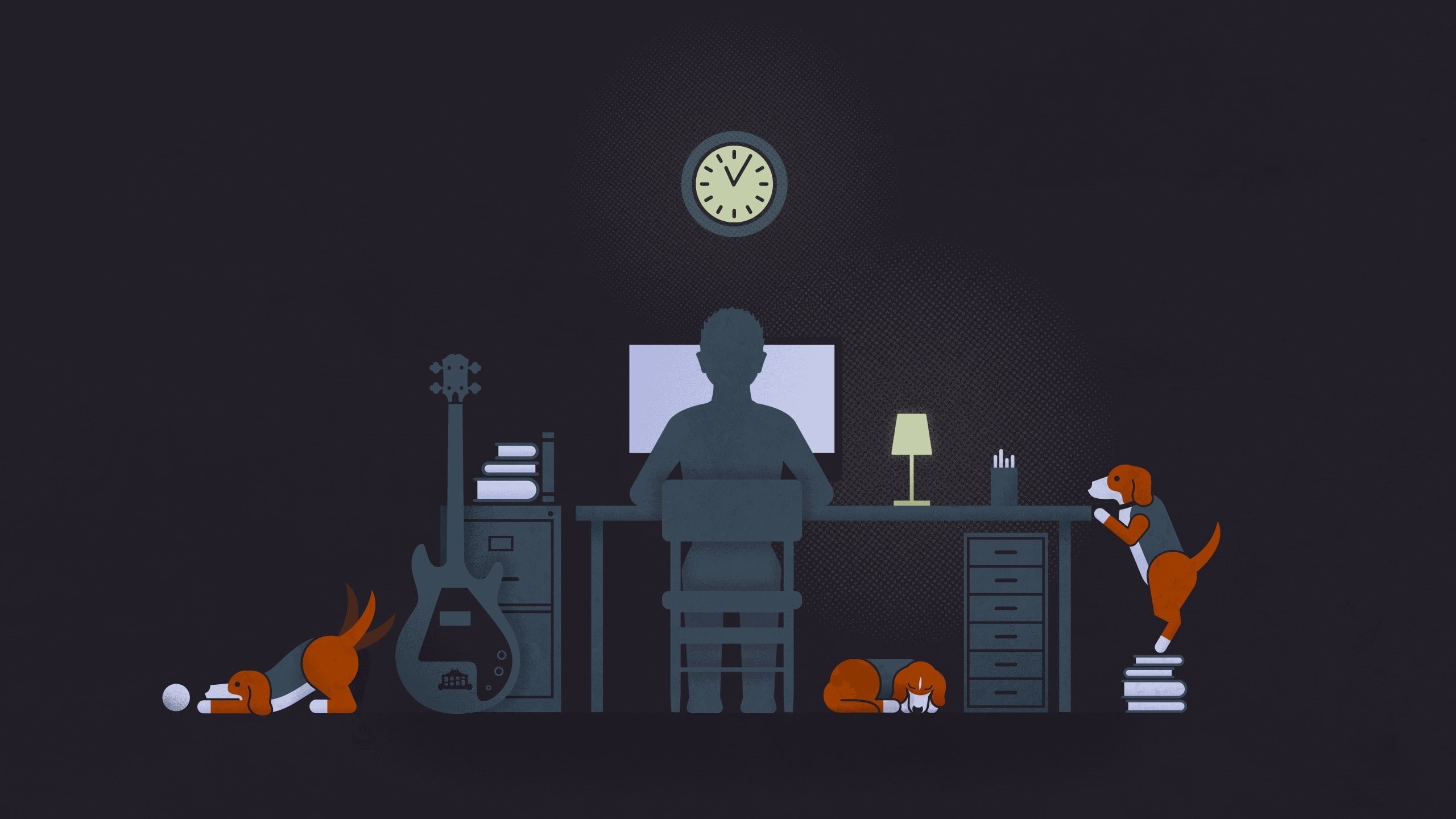 dog, Desk, computer, 2K, minimalism, Guitar, night, HD Wallpaper