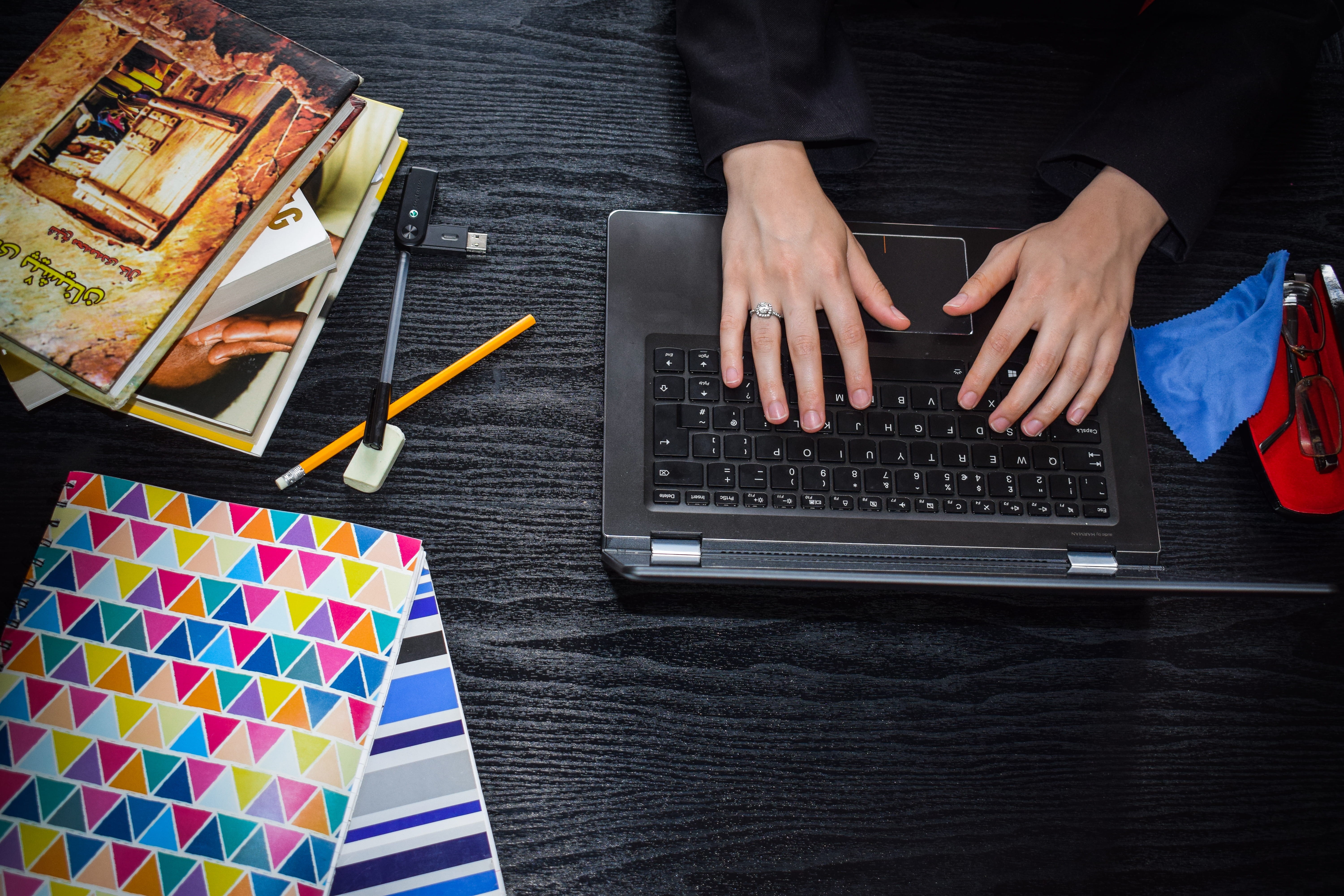 technology, girl, high angle view, wireless technology, woman, think, west bromwich, female, typing, design professional, computer, one person, pencil, HD Wallpaper