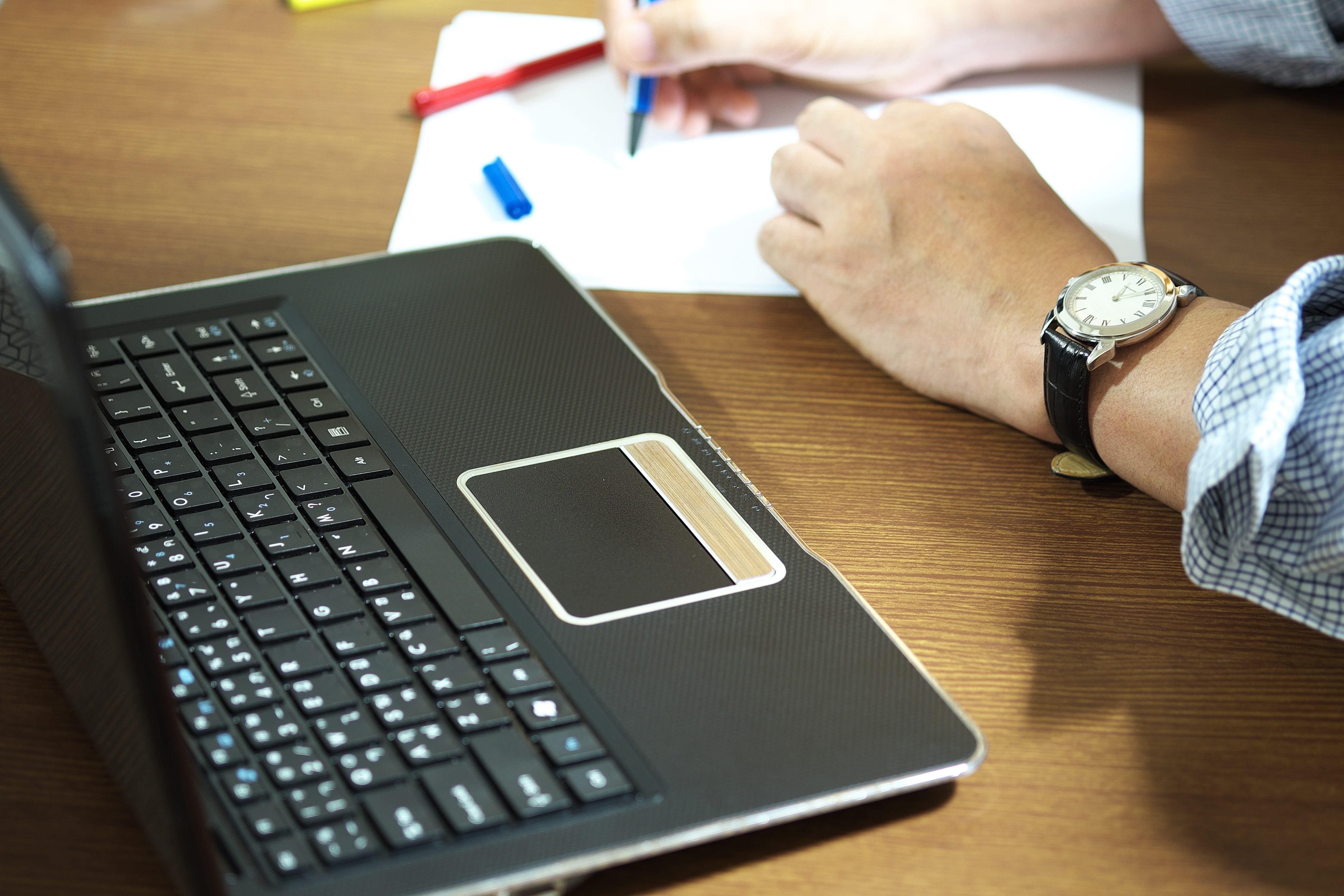 person, computer, notebook, photo, work, workplace, communication, workspace, time, 4K, people, paper, laptop, human body part, wristwatch, using laptop, HD Wallpaper