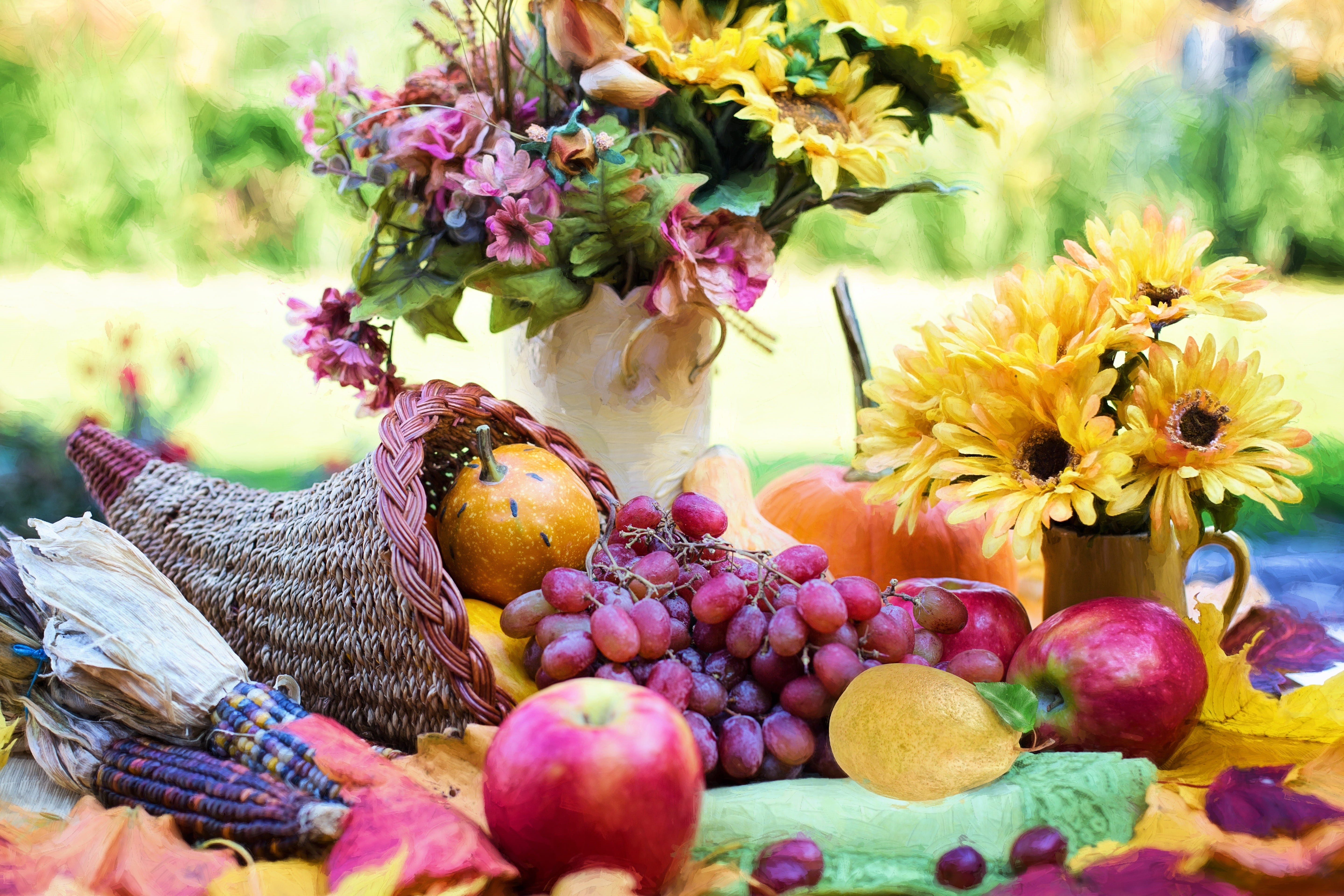 thanksgiving, centerpiece, fruit, variety, grapes, holiday, apple, choice, cornucopia, seasonal, plant, flowering plant, freshness, food and drink, autumn, HD Wallpaper