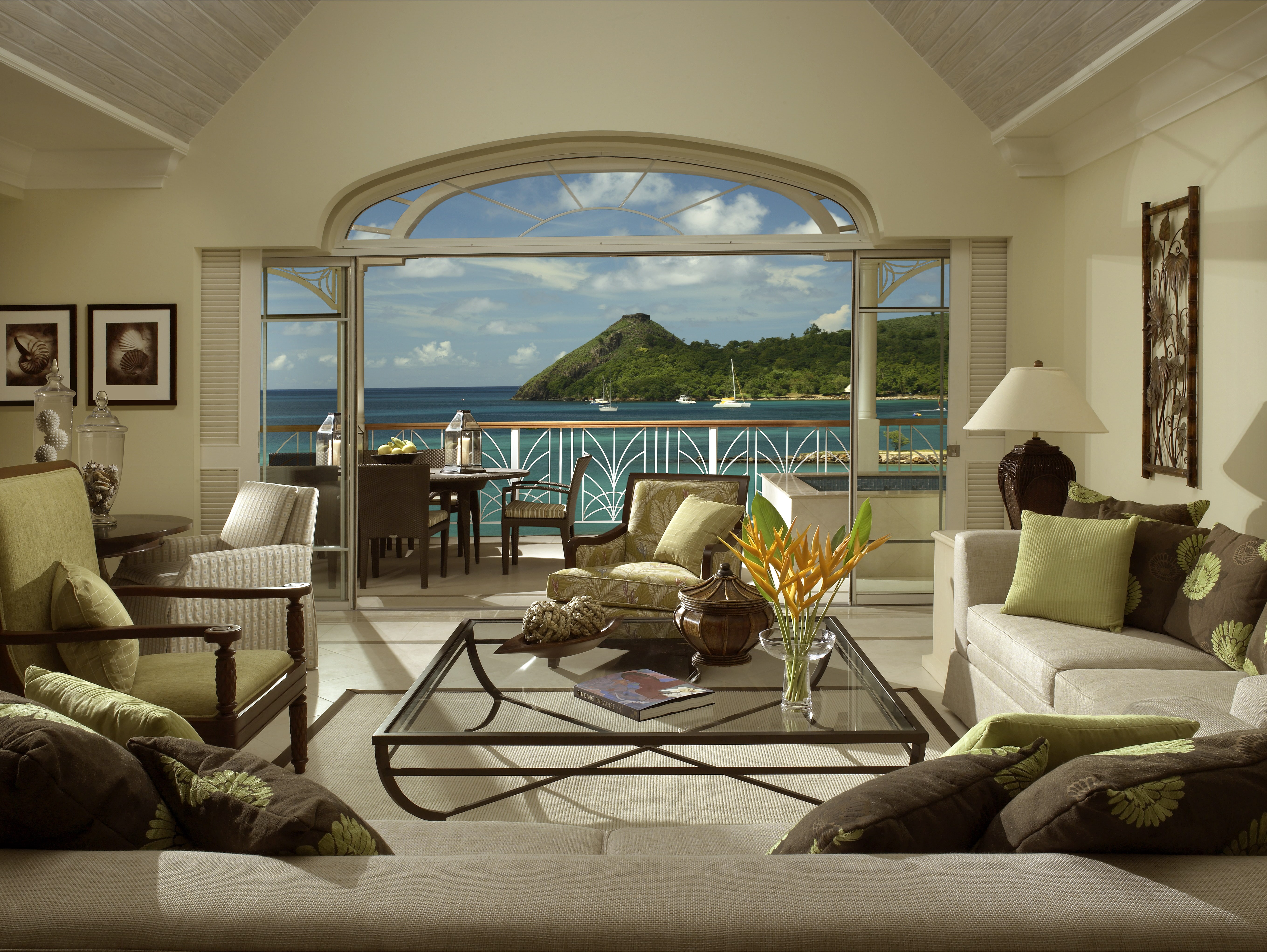 home Interior, the ocean, armchair, decoration, built structure, apartments, Villa, flowers, home showcase interior, cushion, design, balcony, electric lamp, HD Wallpaper