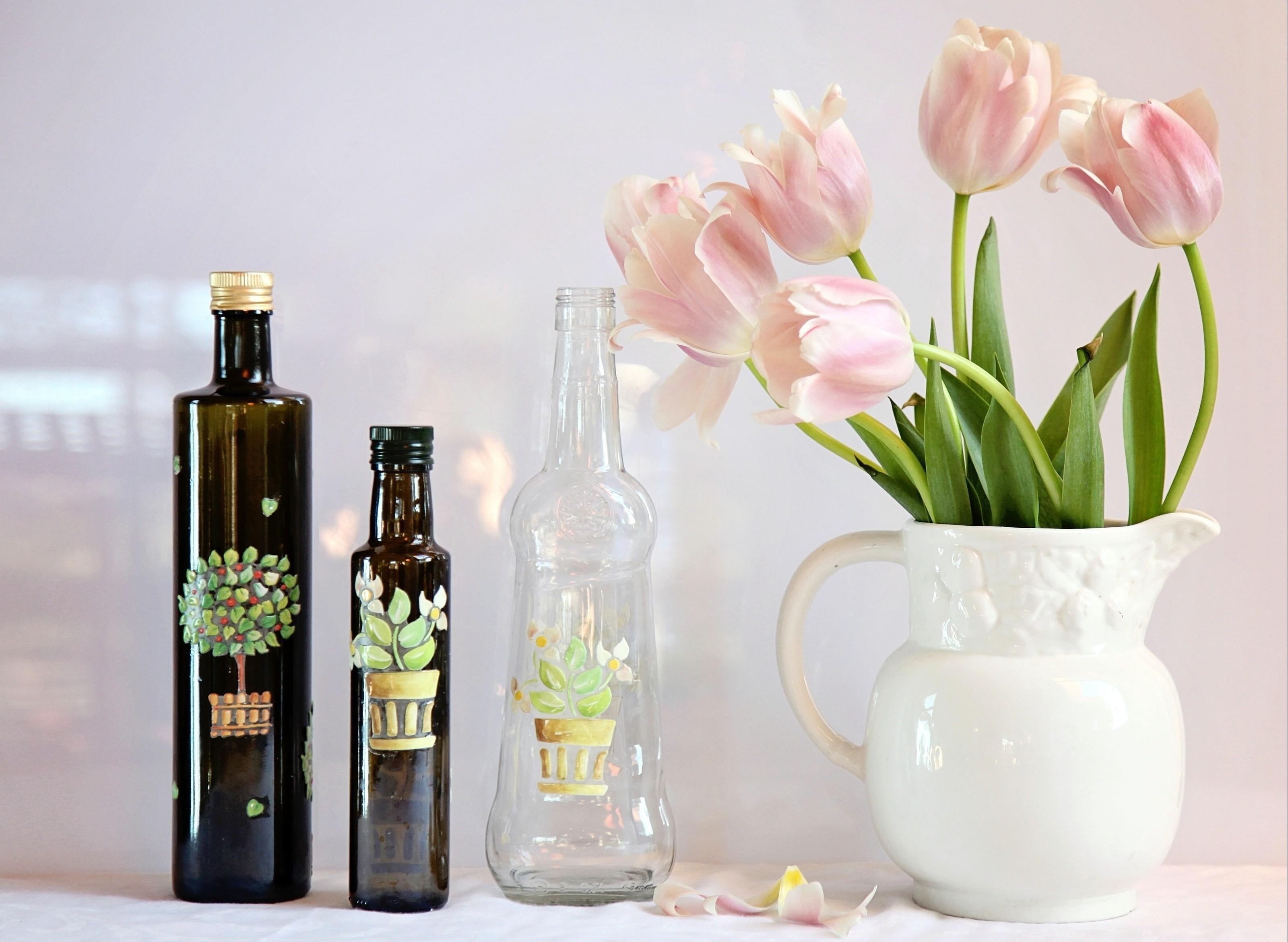 wood - Material, tulips, decor, gift, pink Color, drinking Glass, backgrounds, still life, centerpiece, white, flower arrangement, elegance, yellow, jug, HD Wallpaper