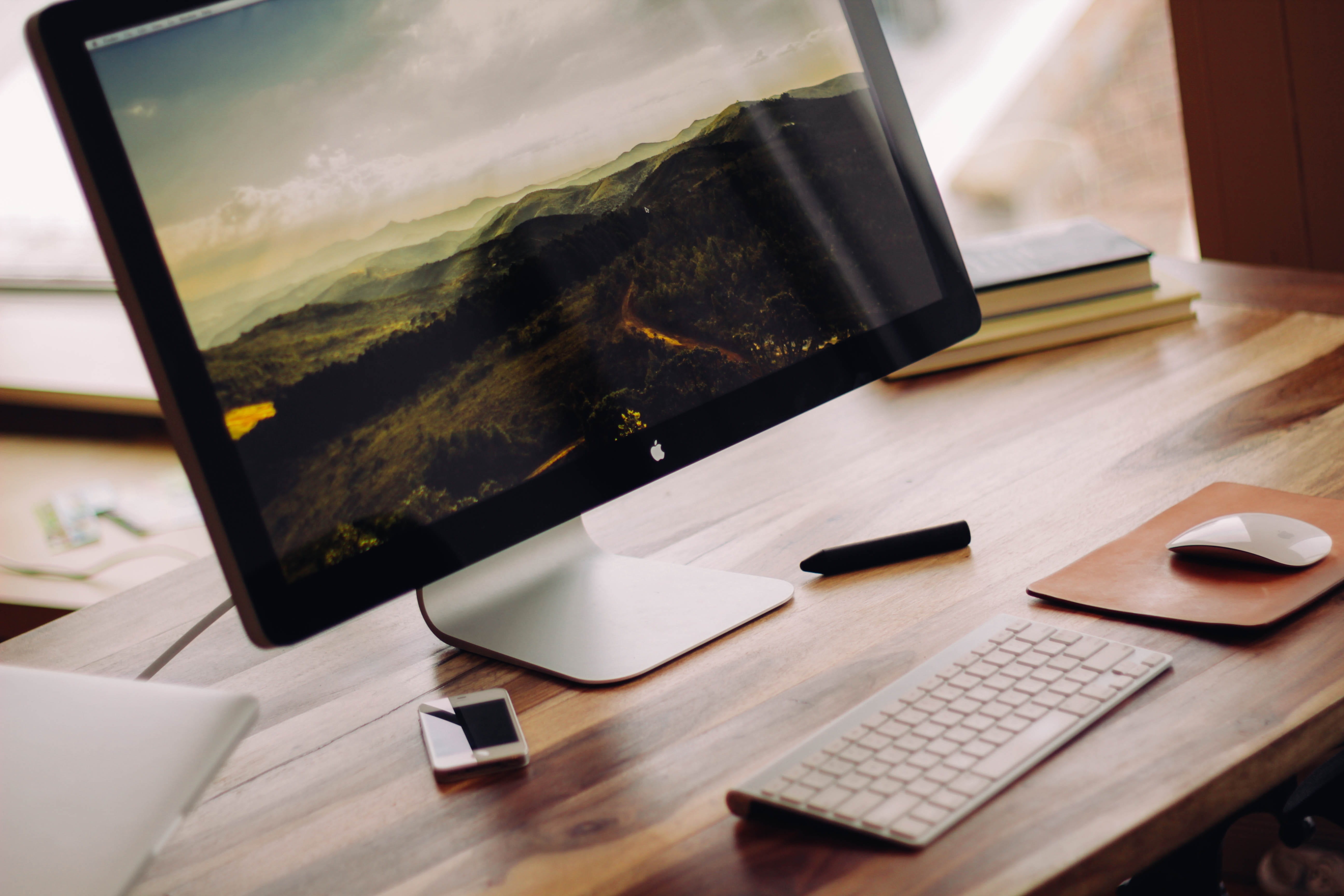 wireless technology, near, mac, screen, desktop, glass, smartphone, monitor, connection, wood - material, laptop, working, desk, day, turned, no people, HD Wallpaper