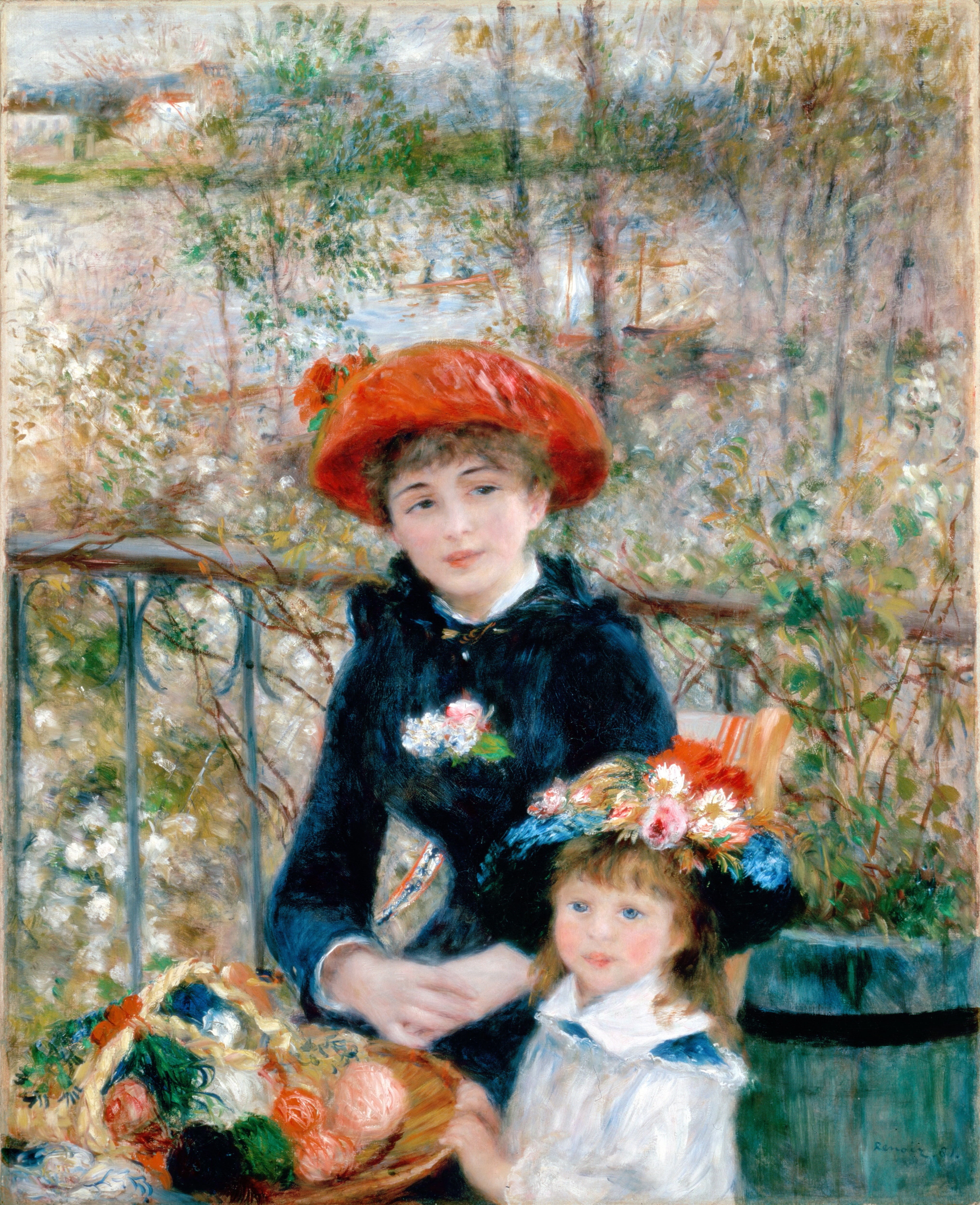 on the terrace, celebration, girl, painting, innocence, pierre auguste renoir, sister, holding, males, 4K, woman, sitting, child, sisters, oil painting, Phone HD Wallpaper