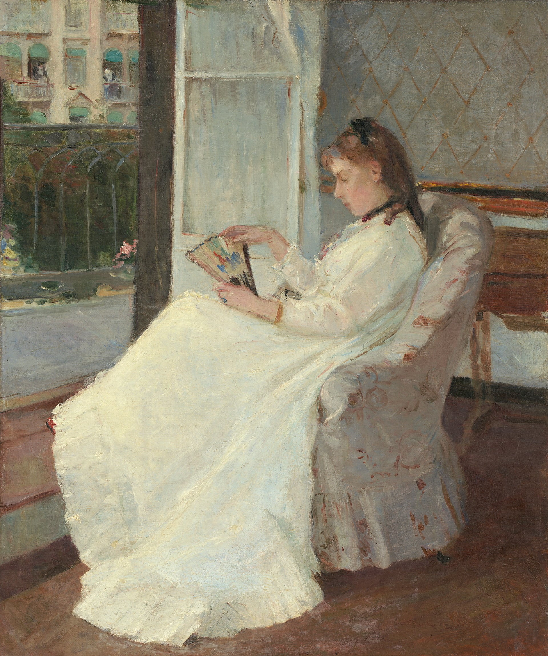 chair, painting, white, balcony, 1080P, women, artwork, white dress, impressionism, Berthe Morisot, Phone HD Wallpaper