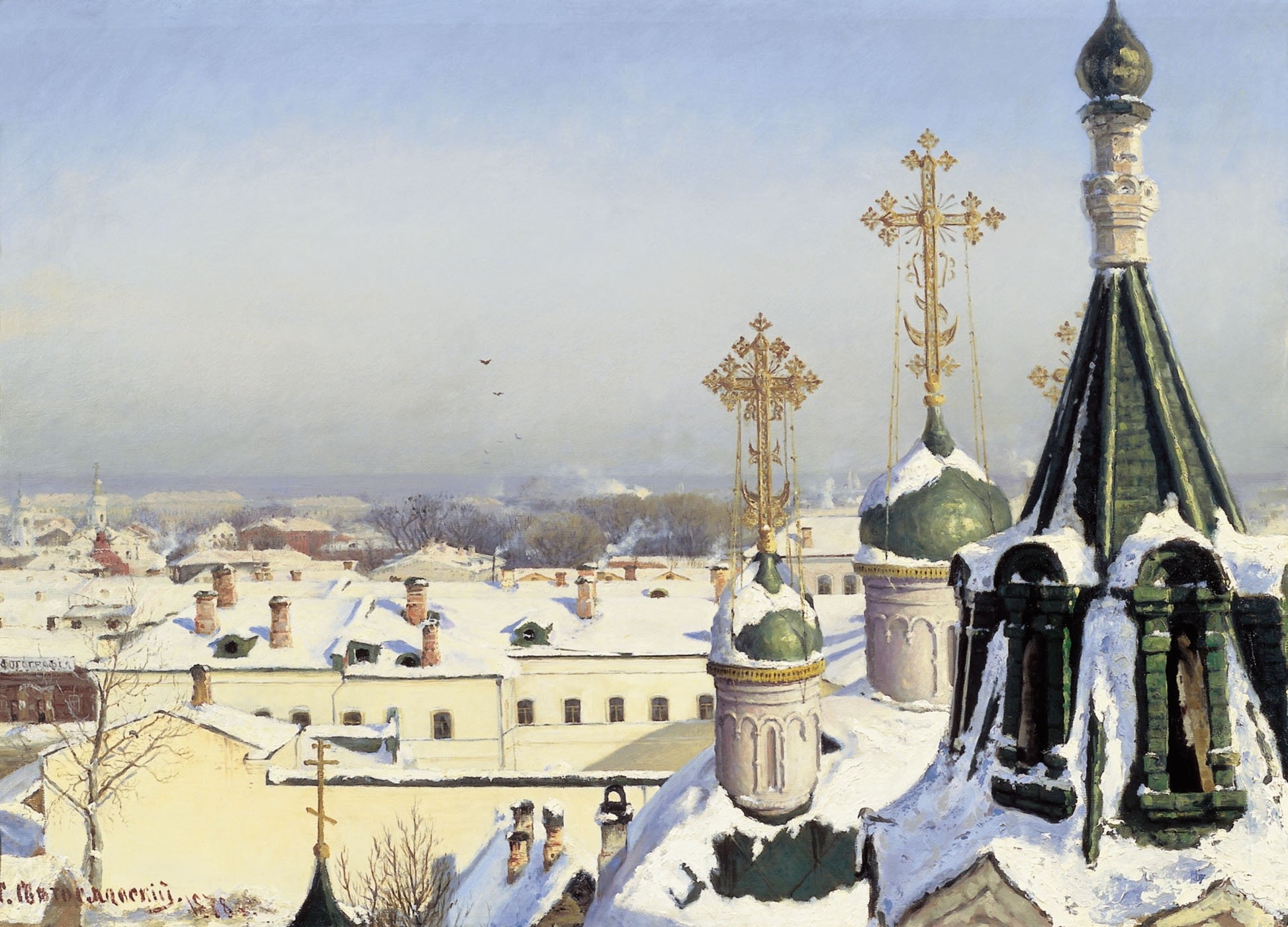 1878, 1080P, winter, Sergey SVETOSLAVSKY, oil, crosses, Canvas, sculpture and architecture, temple, From the window of the Moscow school of painting, HD Wallpaper