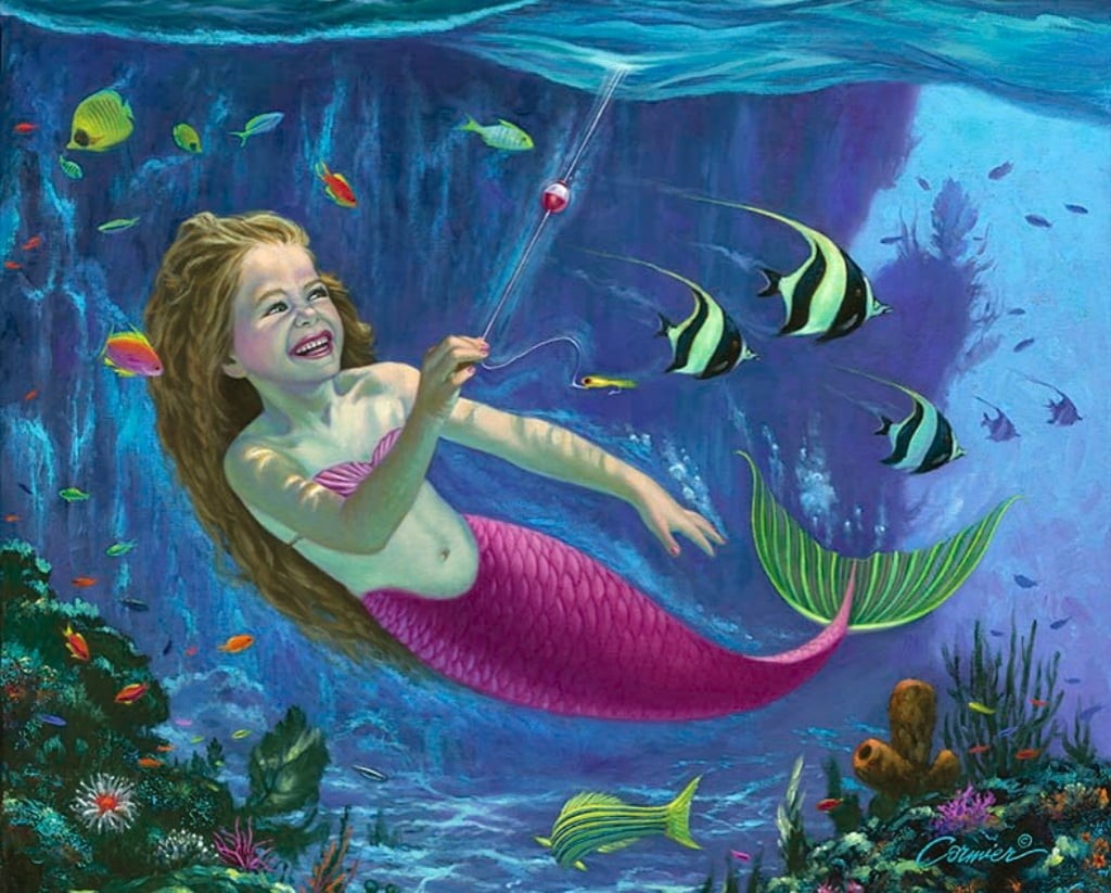 fantasy, child, hair, hairstyle, blond hair, 480P, sea life, smiling, childhood, fish, luminos, pictura, blue, summer, outdoors, nature, animal wildlife, HD Wallpaper