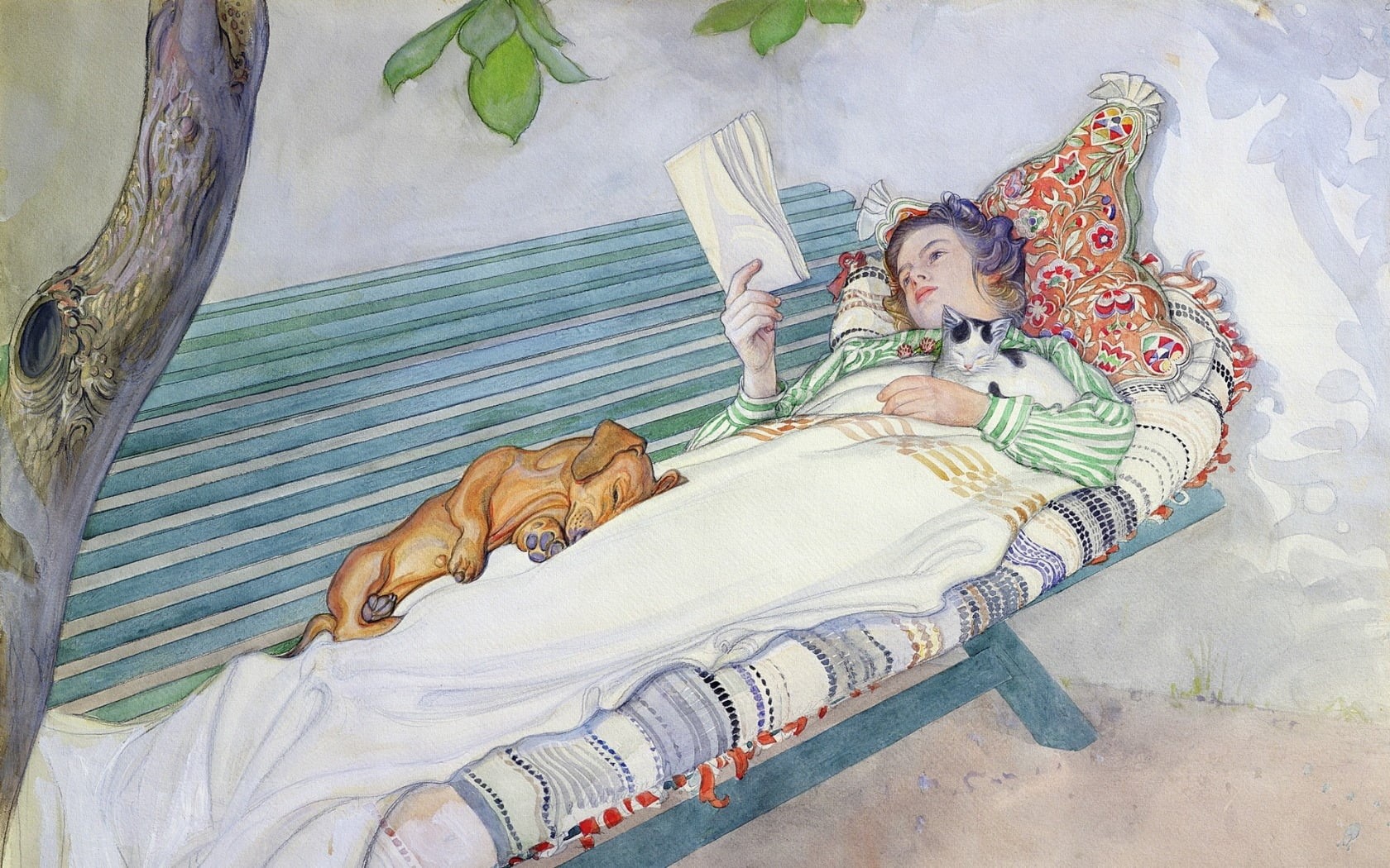 carl larsson, lying down, leisure activity, domestic, relaxation, vara, high angle view, real people, pisici, canine, pets, Siesta, one animal, caine, art, HD Wallpaper