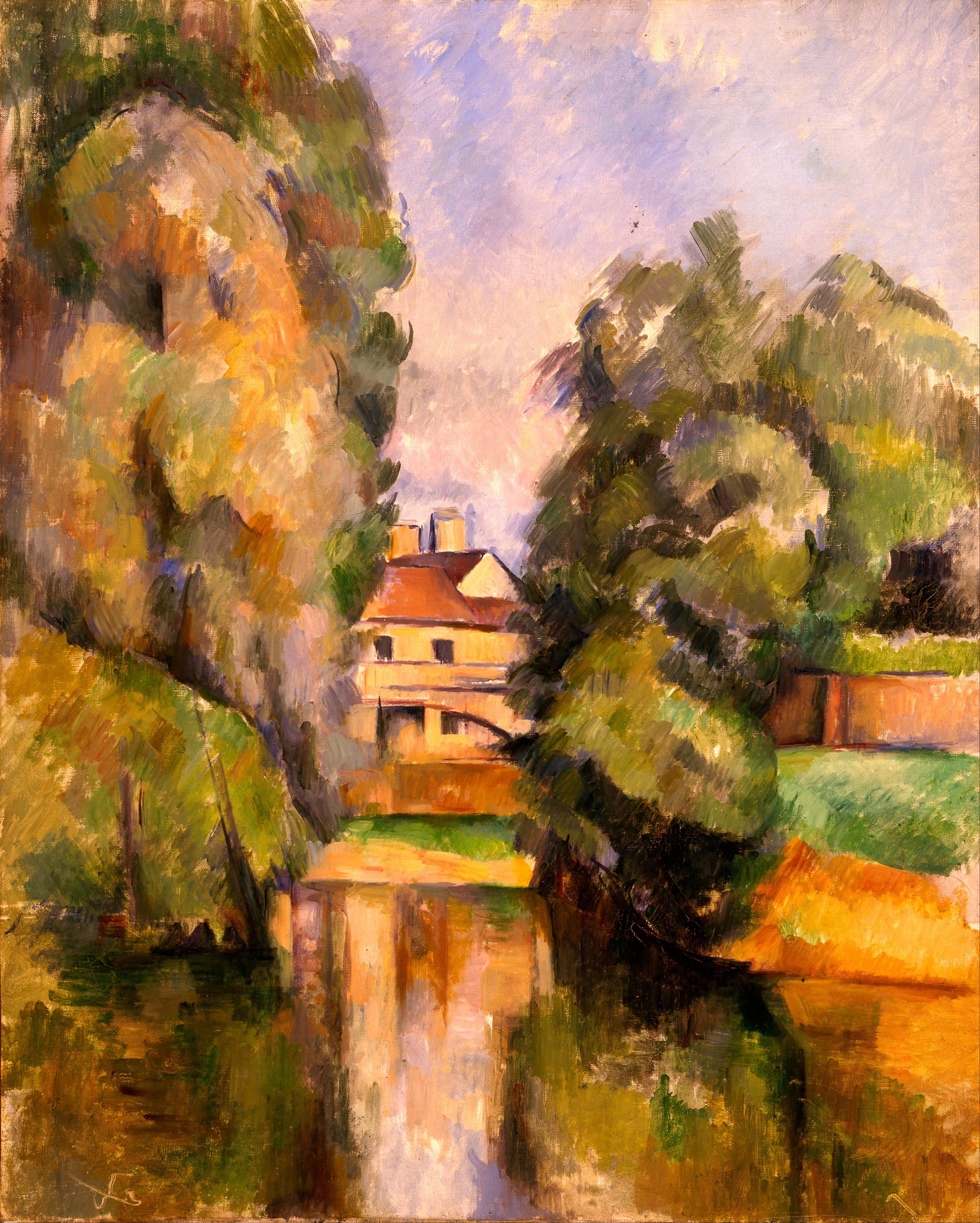 religion, built structure, building, country, reflections, stream, Paul Cezanne, Artistic, travel destinations, house, nature, outside, sky, landscape, Phone HD Wallpaper