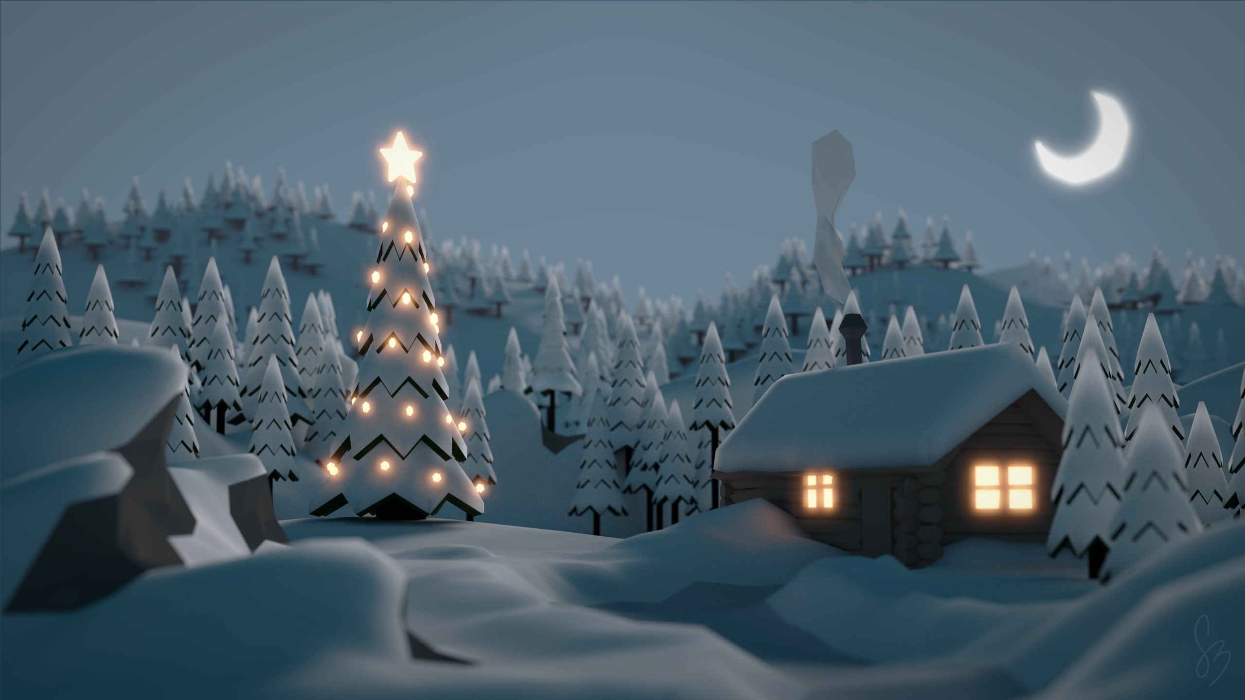 Christmas, hut, Moon, trees, 2K, winter, digital art, snow, HD Wallpaper