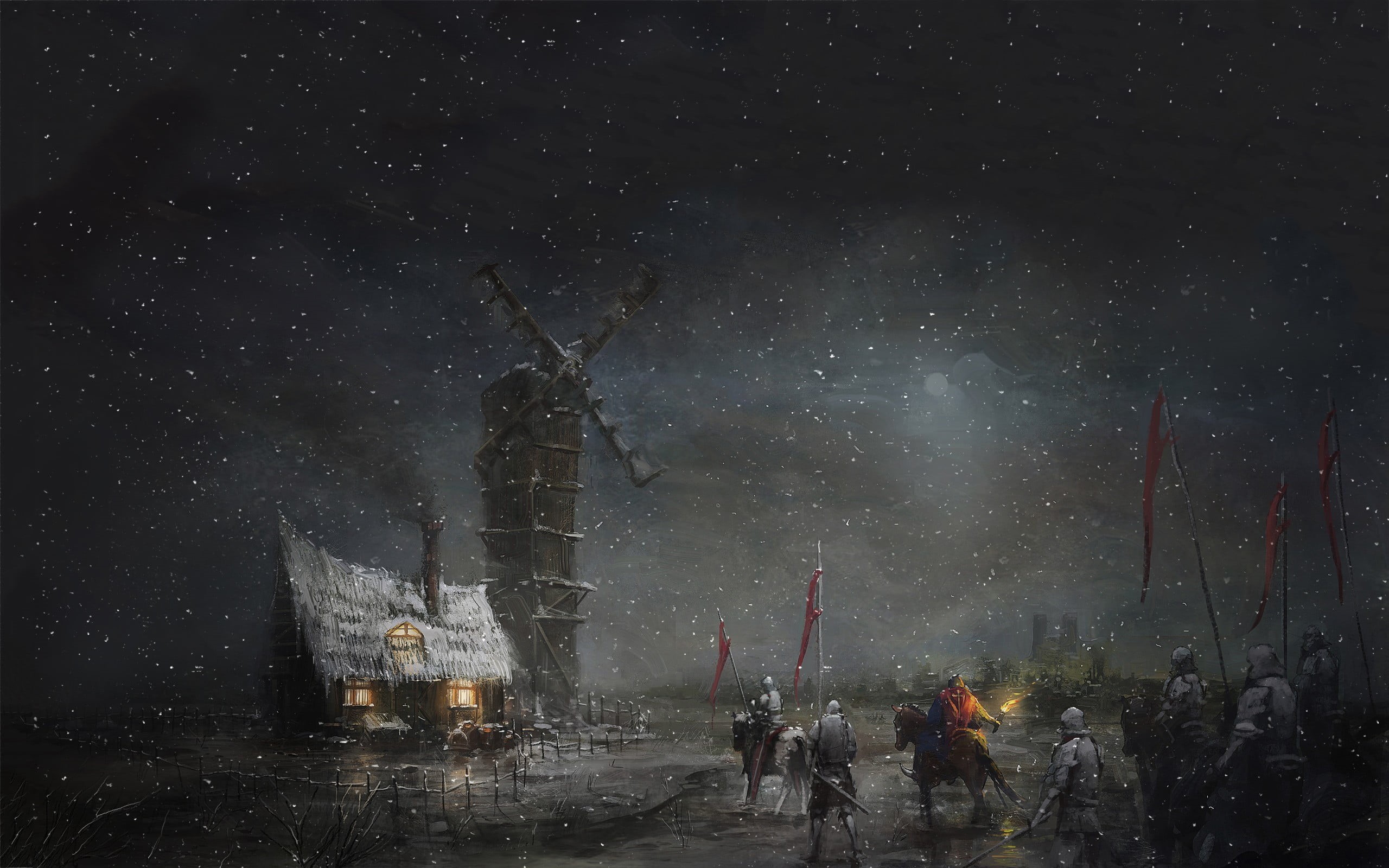 men, space, illustration, horse, group of people, night, built structure, nature, fantasy art, standing, building exterior, people, hut, astronomy, 2K, HD Wallpaper