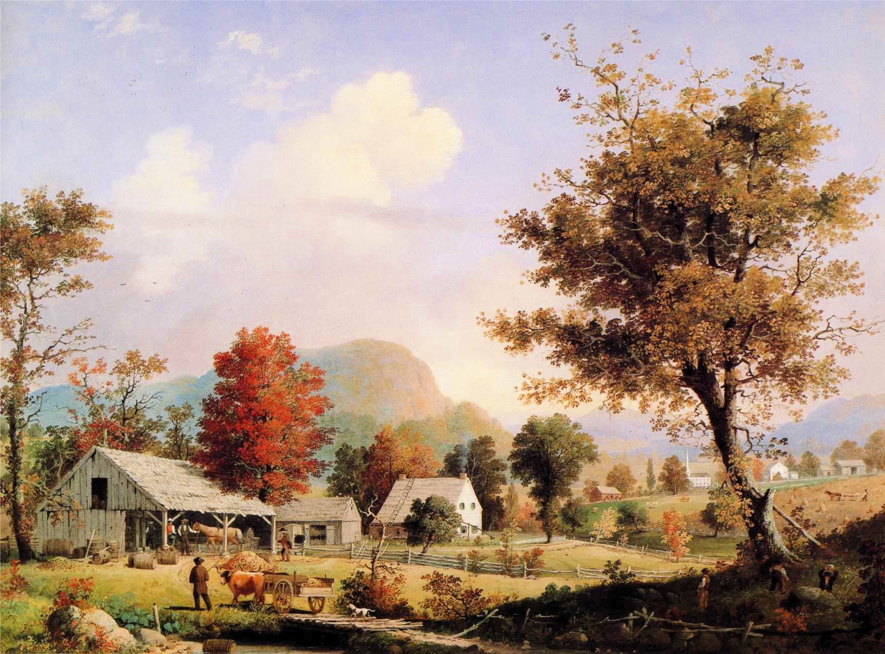 near, oil on canvas, canvas, artistic, built structure, art, forest, painting, fall, artistry, architecture, field, plant, landscape, farm, beauty in nature, HD Wallpaper