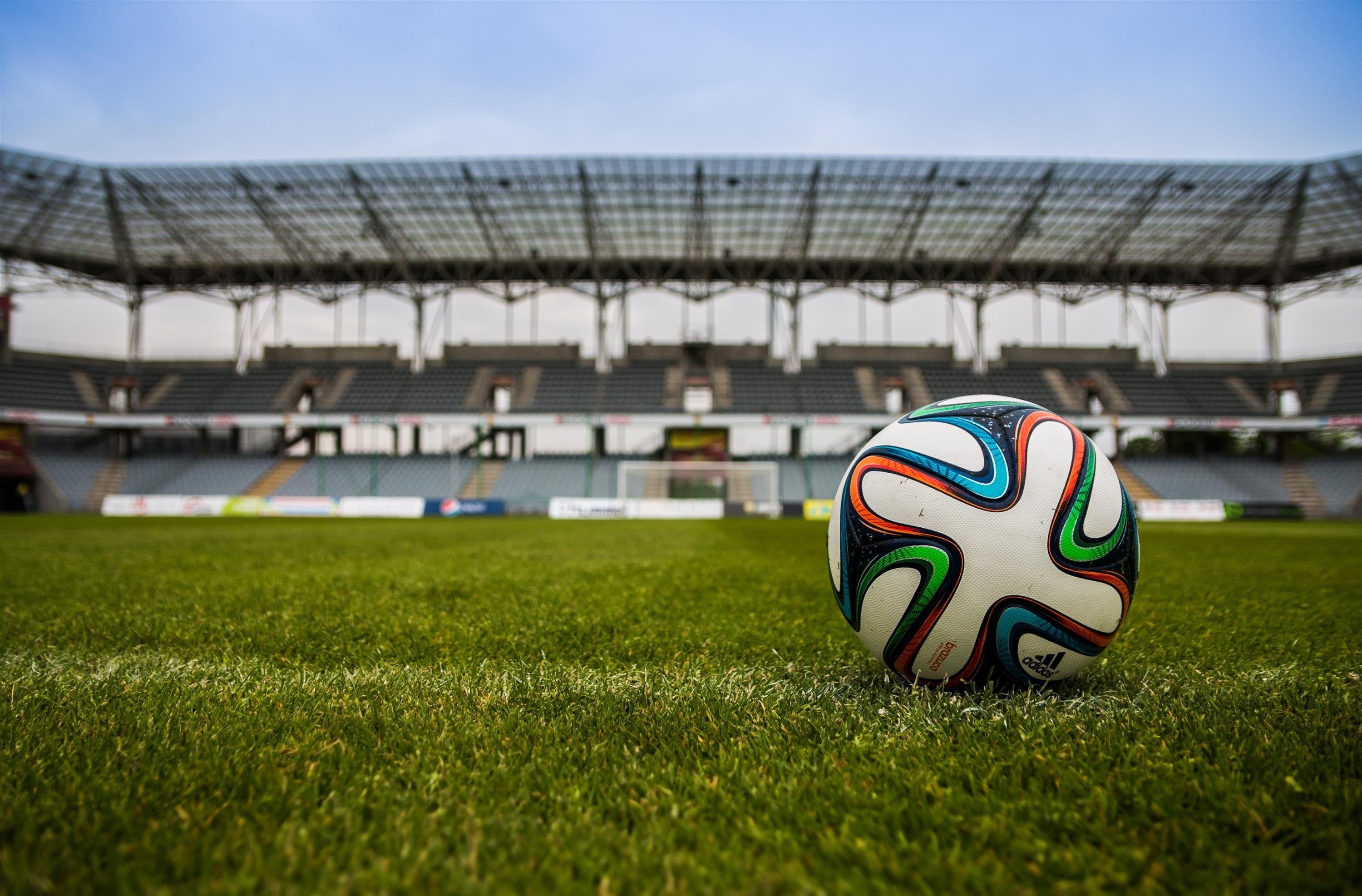 Game, outdoors, soccer field, soccer ball, Sport, Ball, green color, team sport, no people, bleachers, pitch, Match, playing field, sports equipment, Stadium, HD Wallpaper