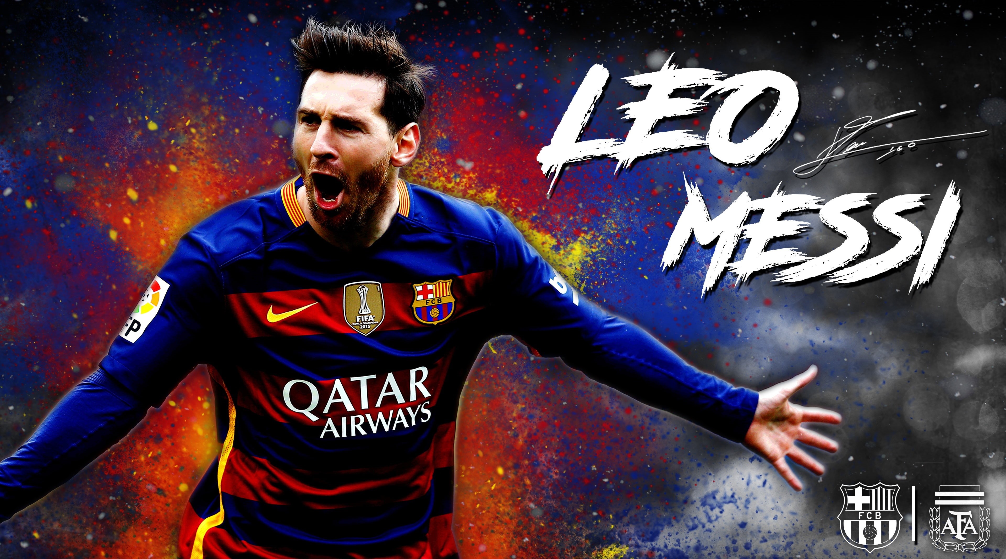 lifestyles, men, creativity, adult, art and craft, waist up, barcelona, aggression, messi, paint, males, portrait, wall - building feature, Football, 4K, HD Wallpaper