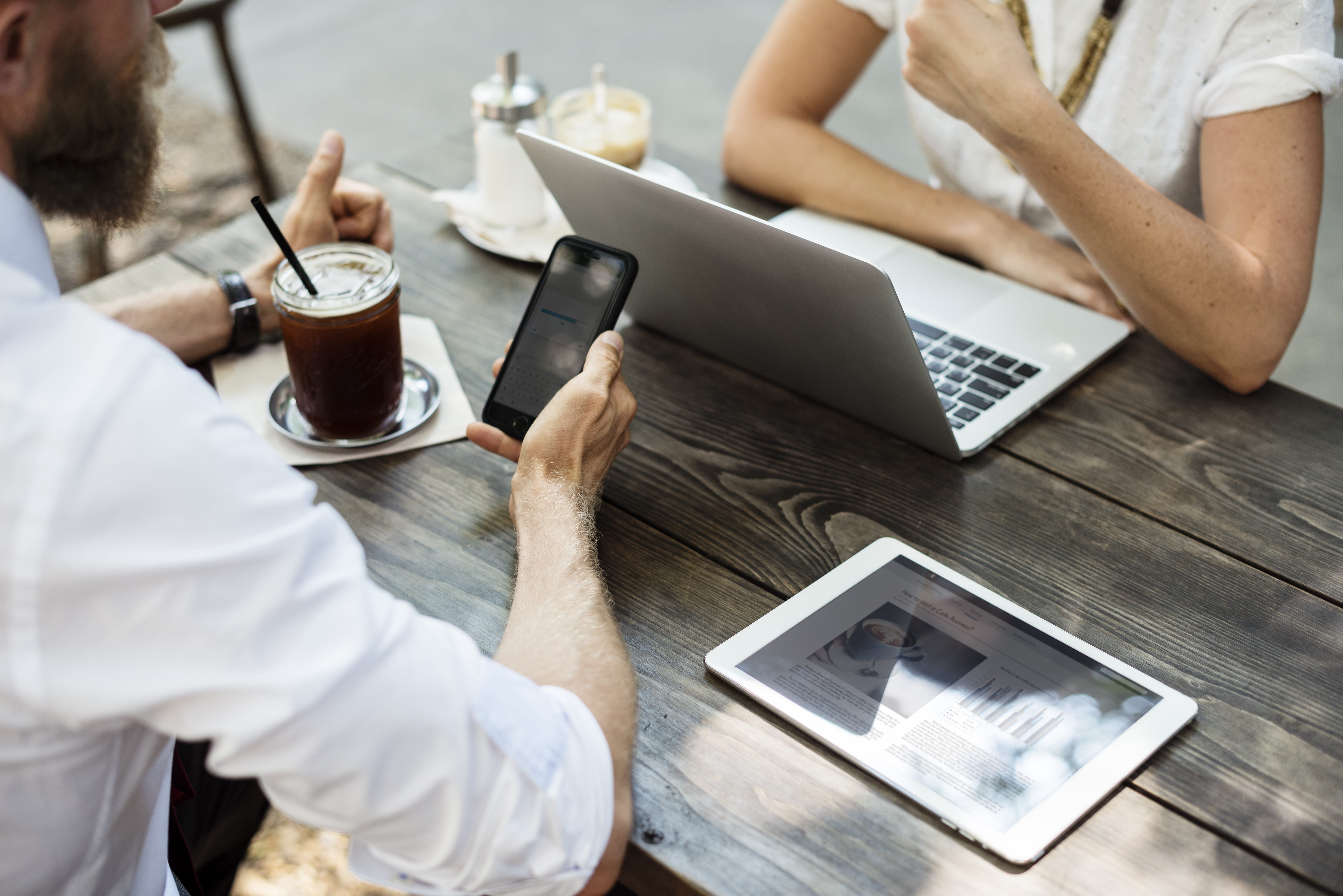 people, togetherness, 5K, man, laptop, communication, connection, woman, working, table, coffee, computer, food and drink, meeting, chair, mug, drink, HD Wallpaper