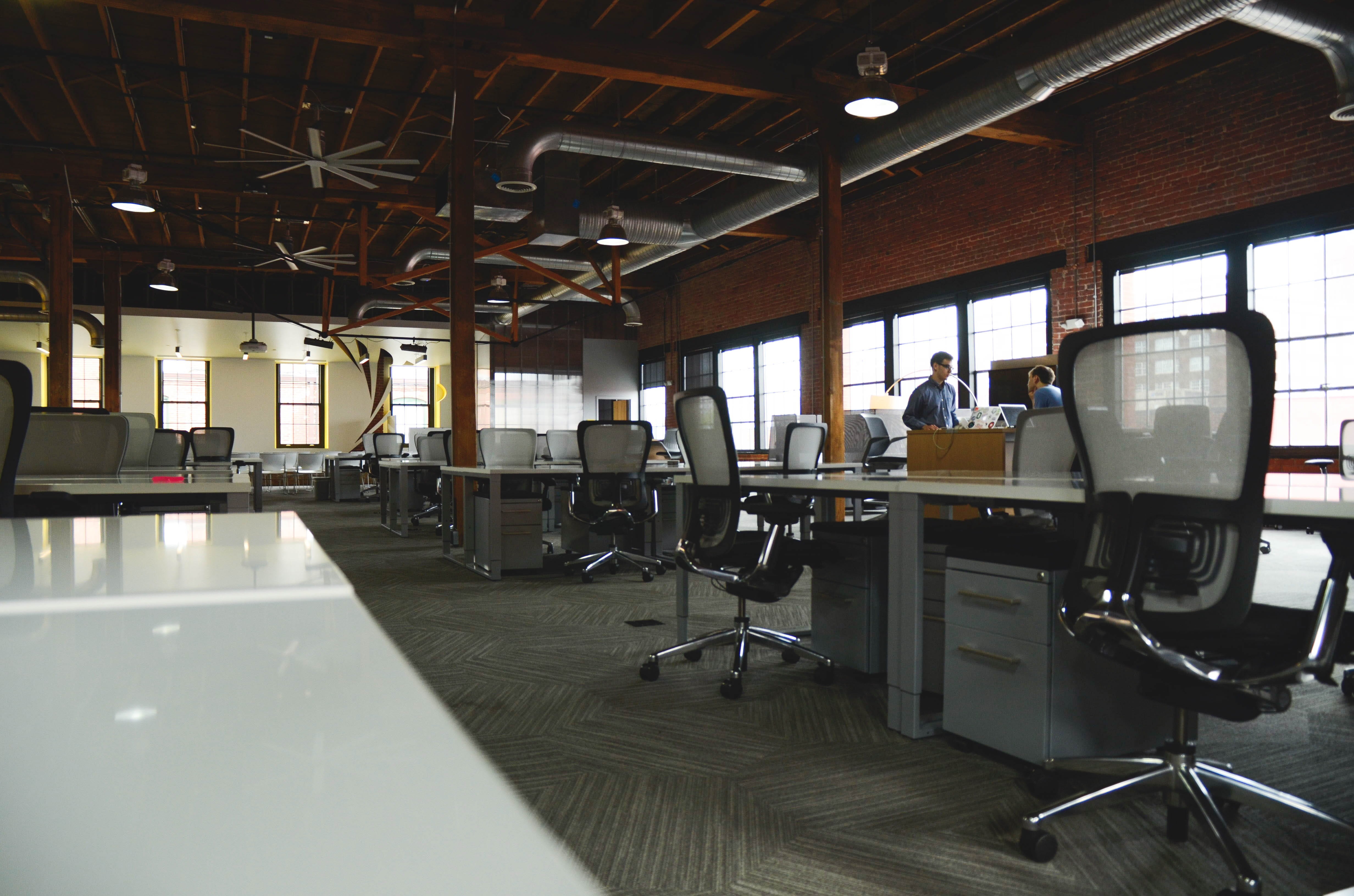 table, working, window, company, seat, adult, 4K, technology, empty, furniture, ceiling, desks, coworking, workspace, chairs, men, office, people, day, HD Wallpaper