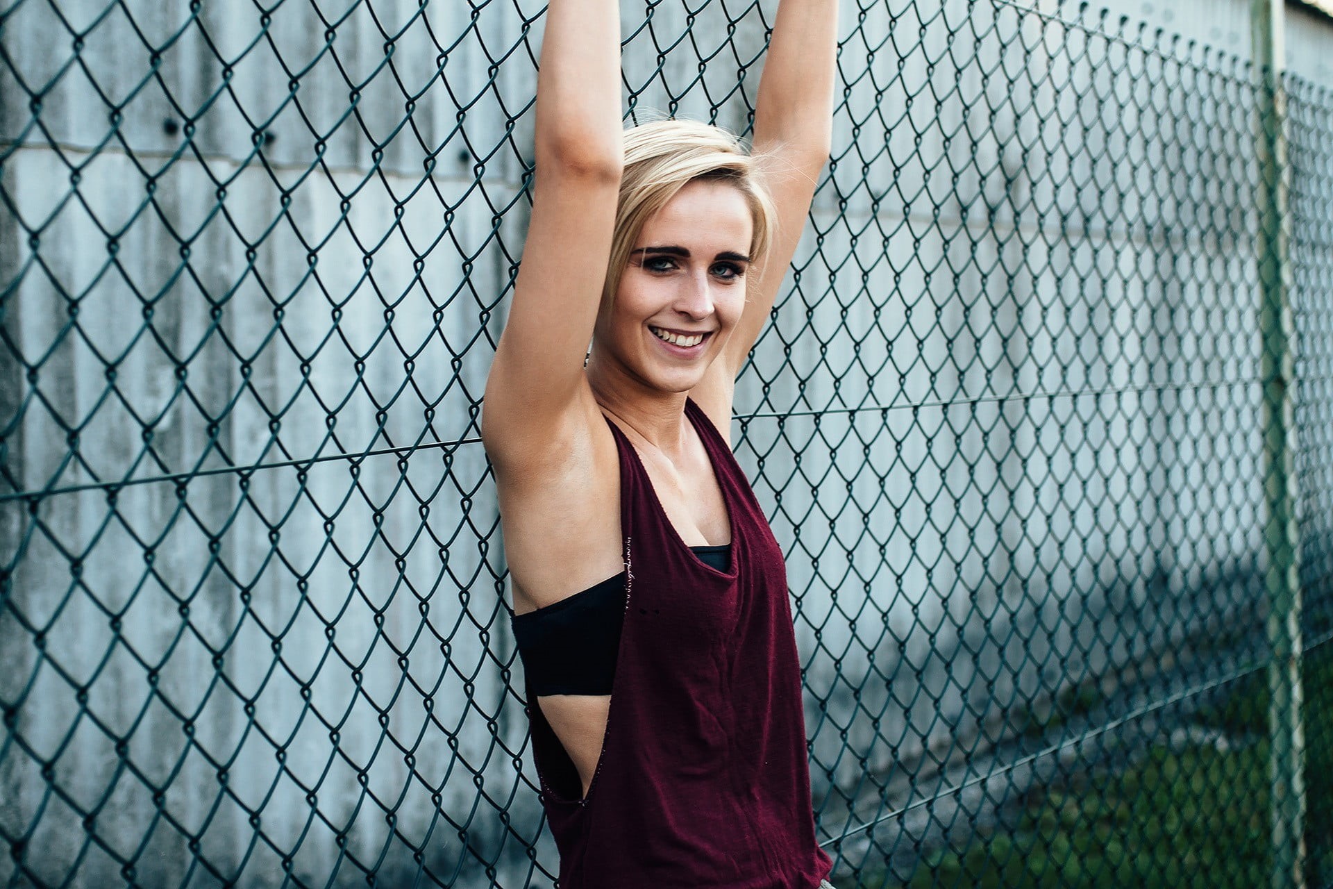 armpits, portrait, chainlink fence, fence, fashion, standing, barrier, looking at camera, leisure activity, young adult, adult, boundary, 1080P, hairstyle, HD Wallpaper