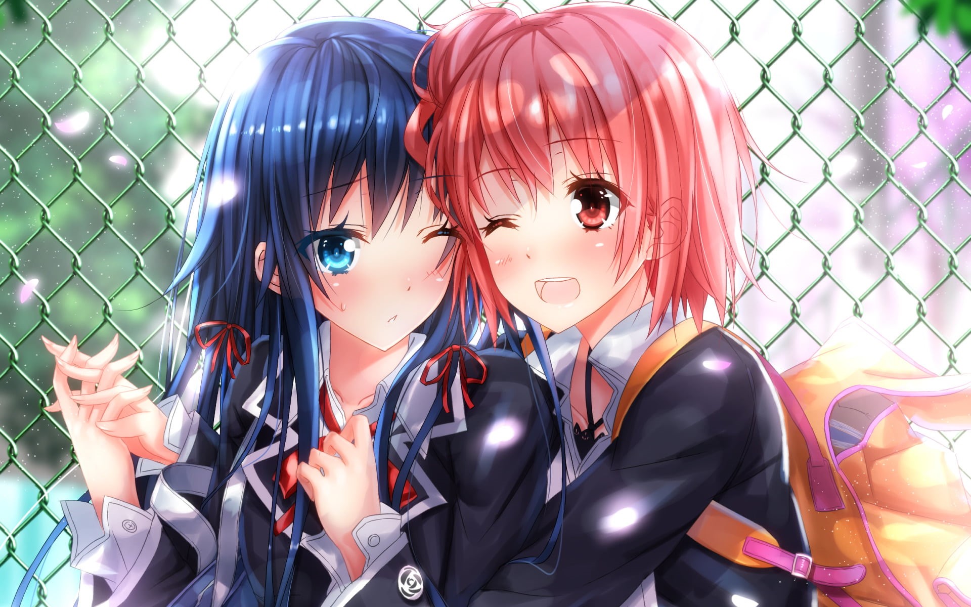 representation, Yui Yuigahama, portrait, Yukino Yukinoshita, safety, fence, people, real people, outdoors, Oregairu, sunlight, boundary, security, human representation, HD Wallpaper