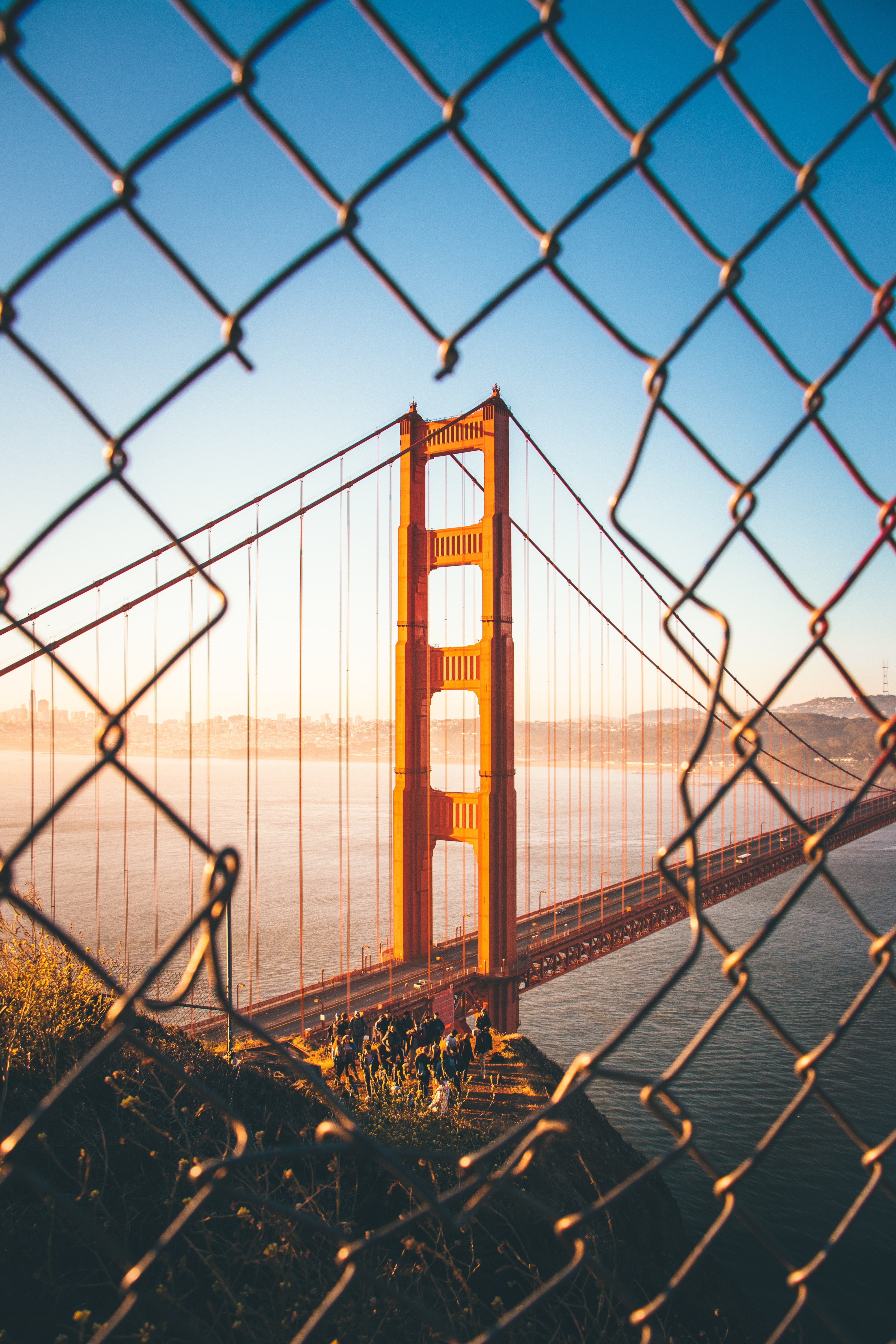 built structure, water, sky, no people, nature, boundary, outdoors, cityscape, sunset, San Francisco, wire, barrier, wire mesh, protection, suspension bridge, Phone HD Wallpaper