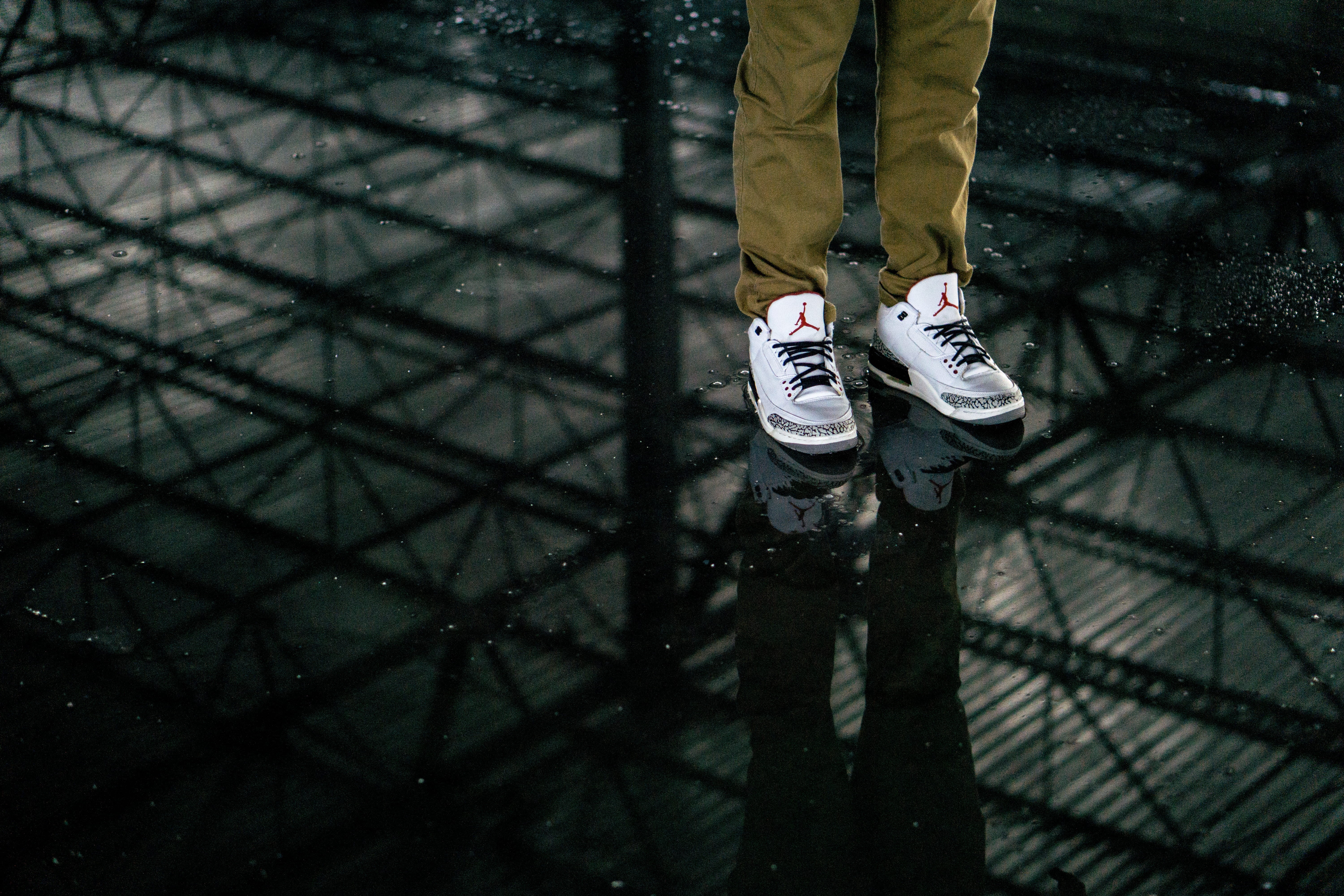 one person, floor, outdoors, person, 5K, black, lifestyles, jordan, human limb, man, rain, standing, air jordan, day, tinted, sneaker, guy, gray, limb, HD Wallpaper