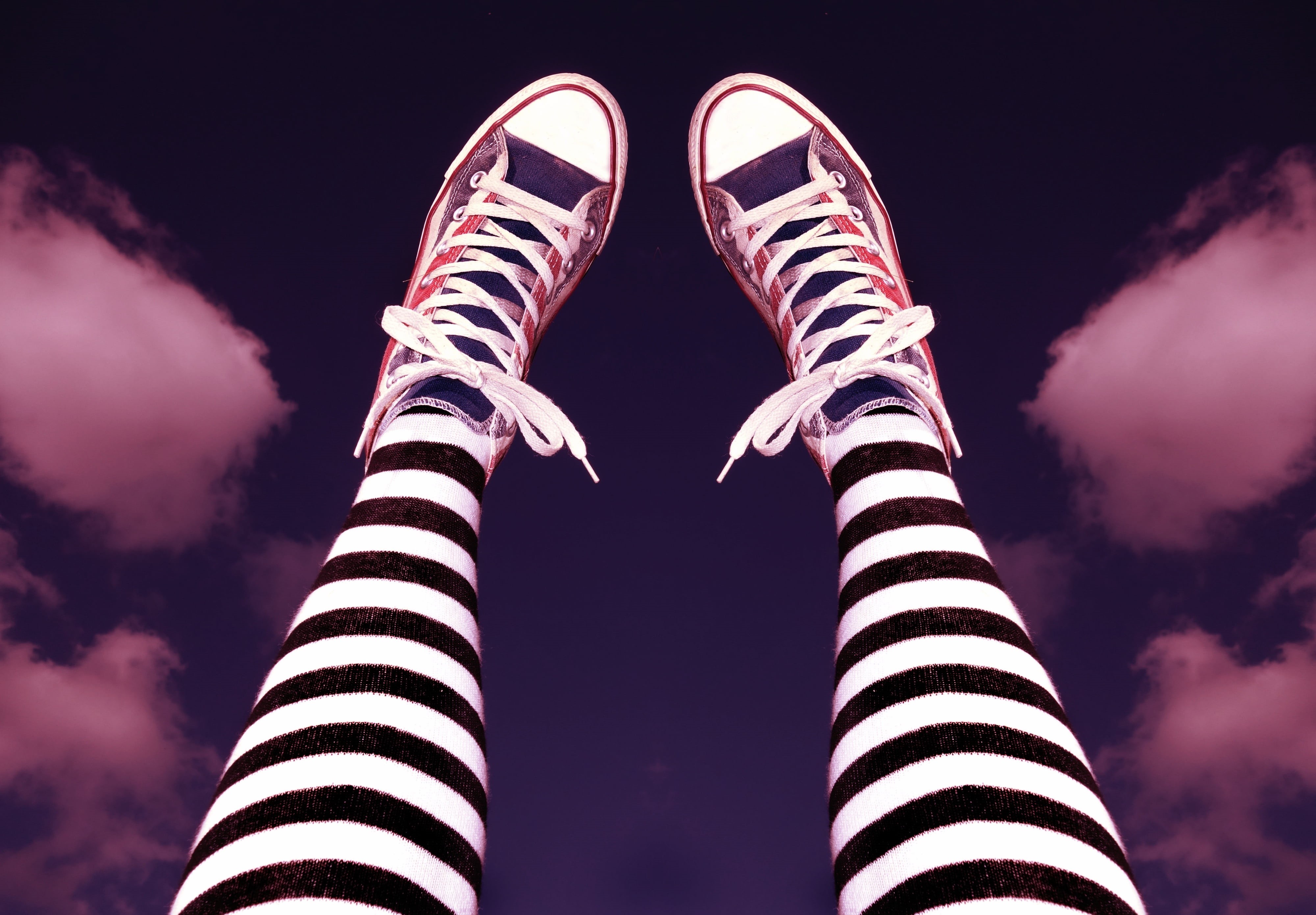 legs, stripy tights, sneakers, hip, striped, footwear, people, blue, cloud - sky, one woman only, human limb, female, only women, red, black, shoe, adult, HD Wallpaper