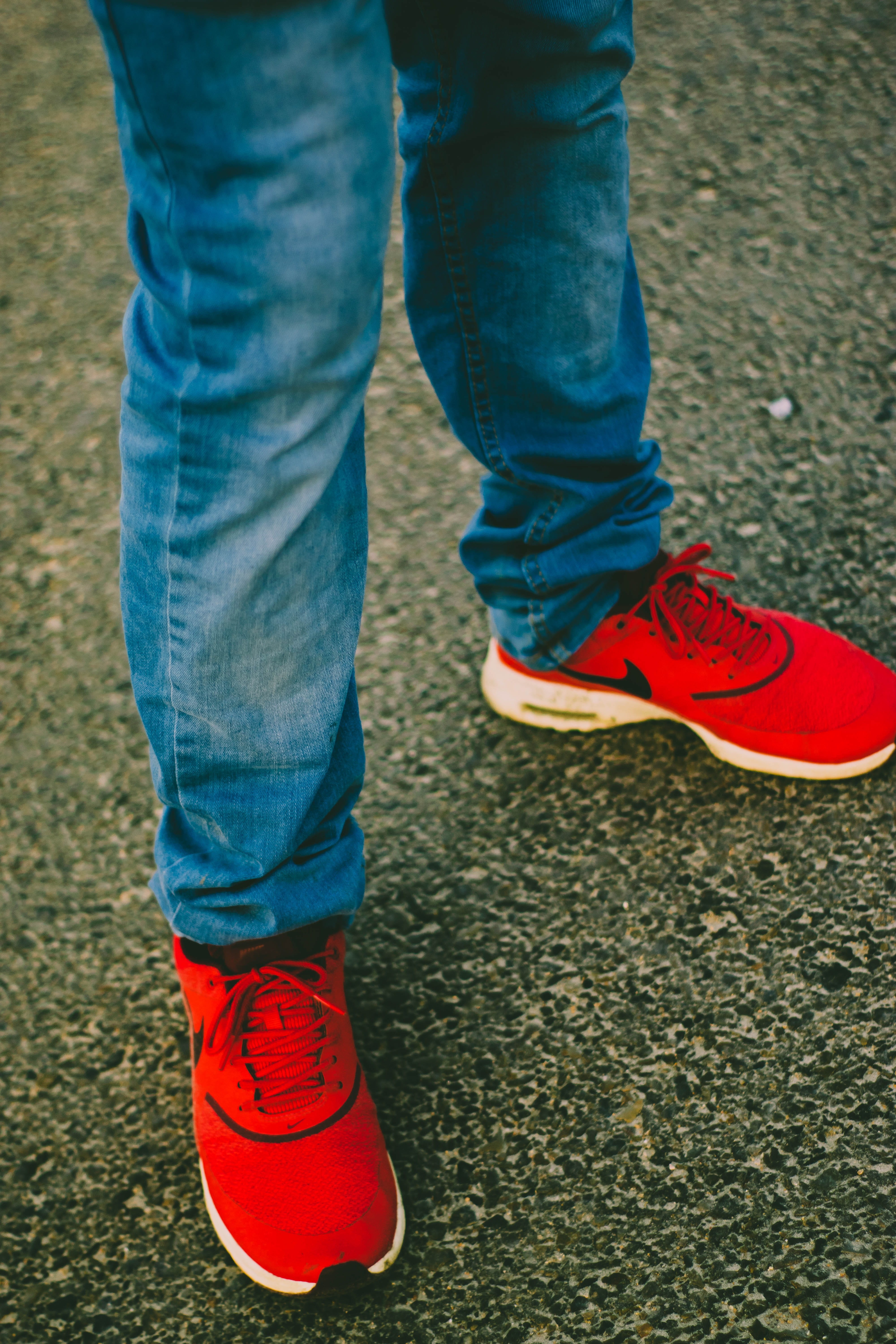 wearing, one person, style, street, day, running, sneakers, red, denim, person, 5K, legs, human limb, human leg, lifestyles, human body part, standing, Phone HD Wallpaper