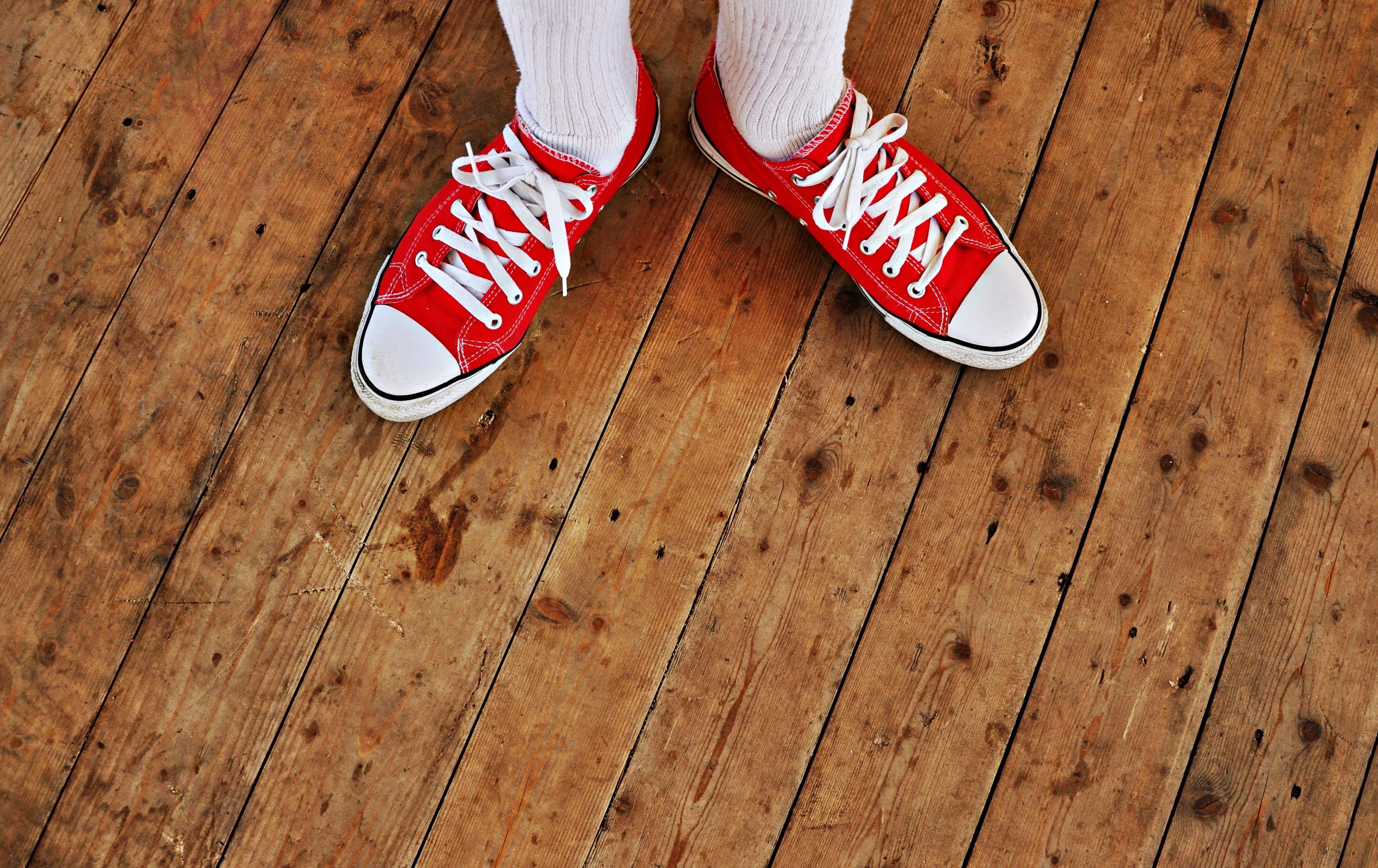 white socks, wooden floor, shoe foot, walking, sneakers, female, exercising, pair, shoelace, canvas Shoe, red, person, leisure footwear, indoors, hardwood floor, HD Wallpaper