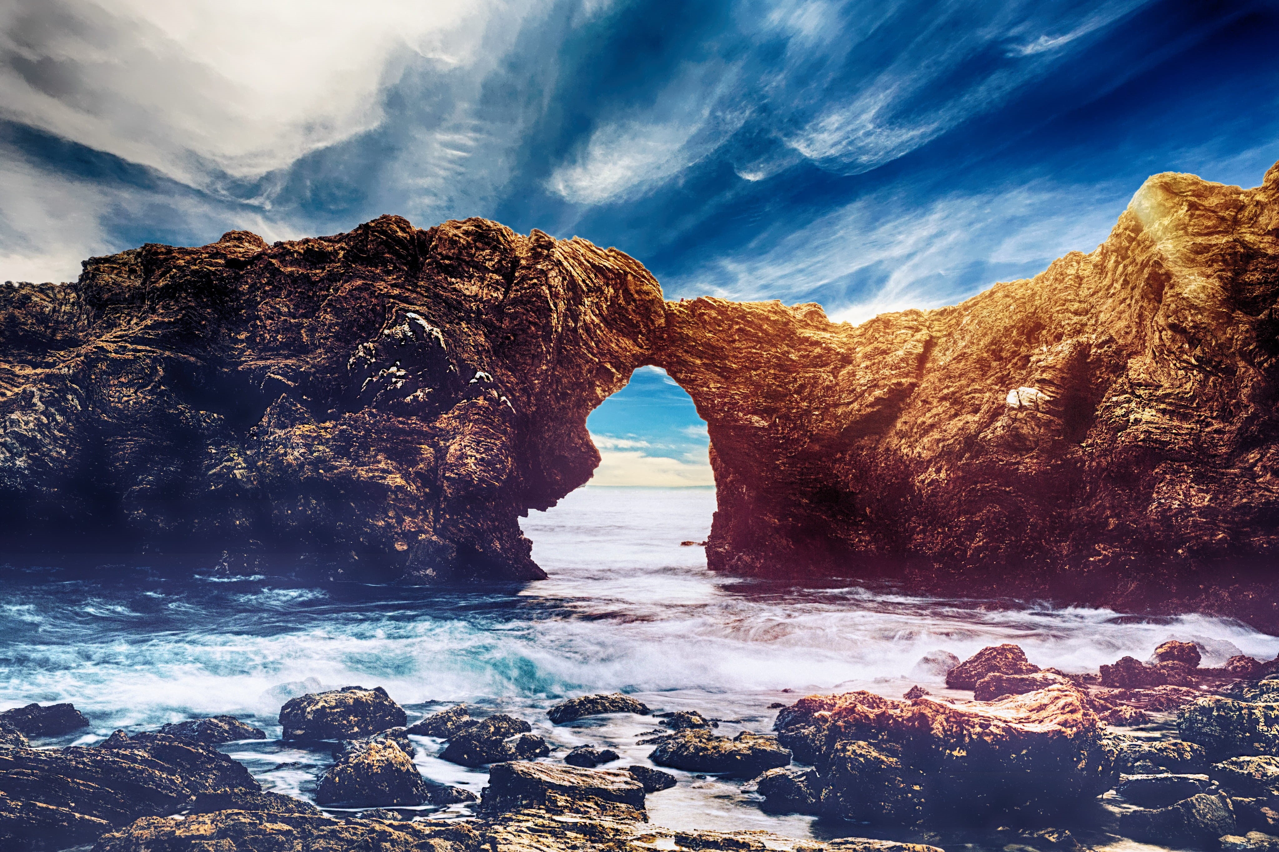 coast, white, shore, beach, scenics, daytime, wave, 4K, sky, stone, no people, body, natural arch, ocean, geology, black, scenic, sea, nature, power in nature, HD Wallpaper