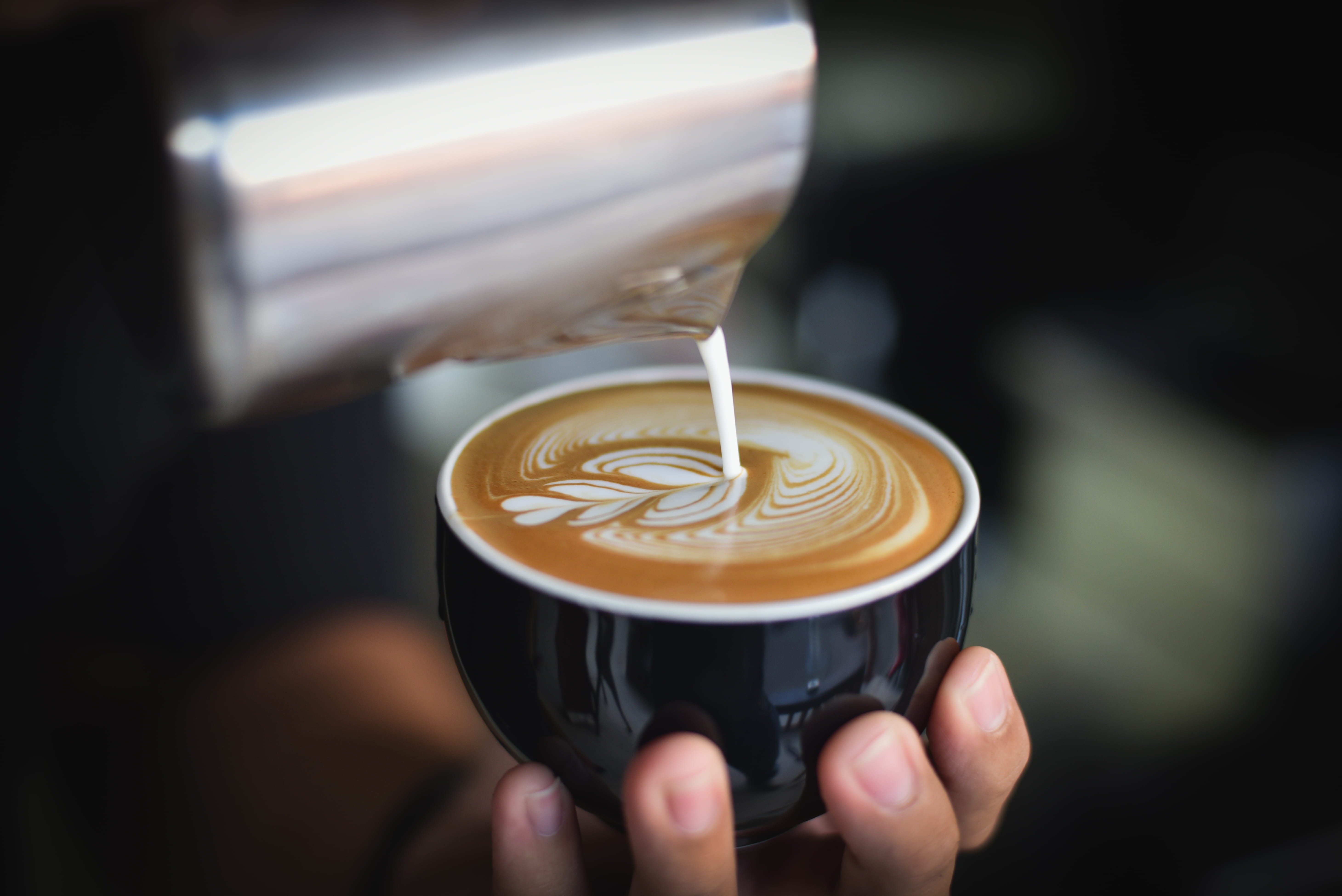 caffeine, coffee - drink, barista, hand, coffee, close-up, latte art, hot drink, latte, froth art, coffee cup, full, mocha, human body part, perfume, dark, HD Wallpaper