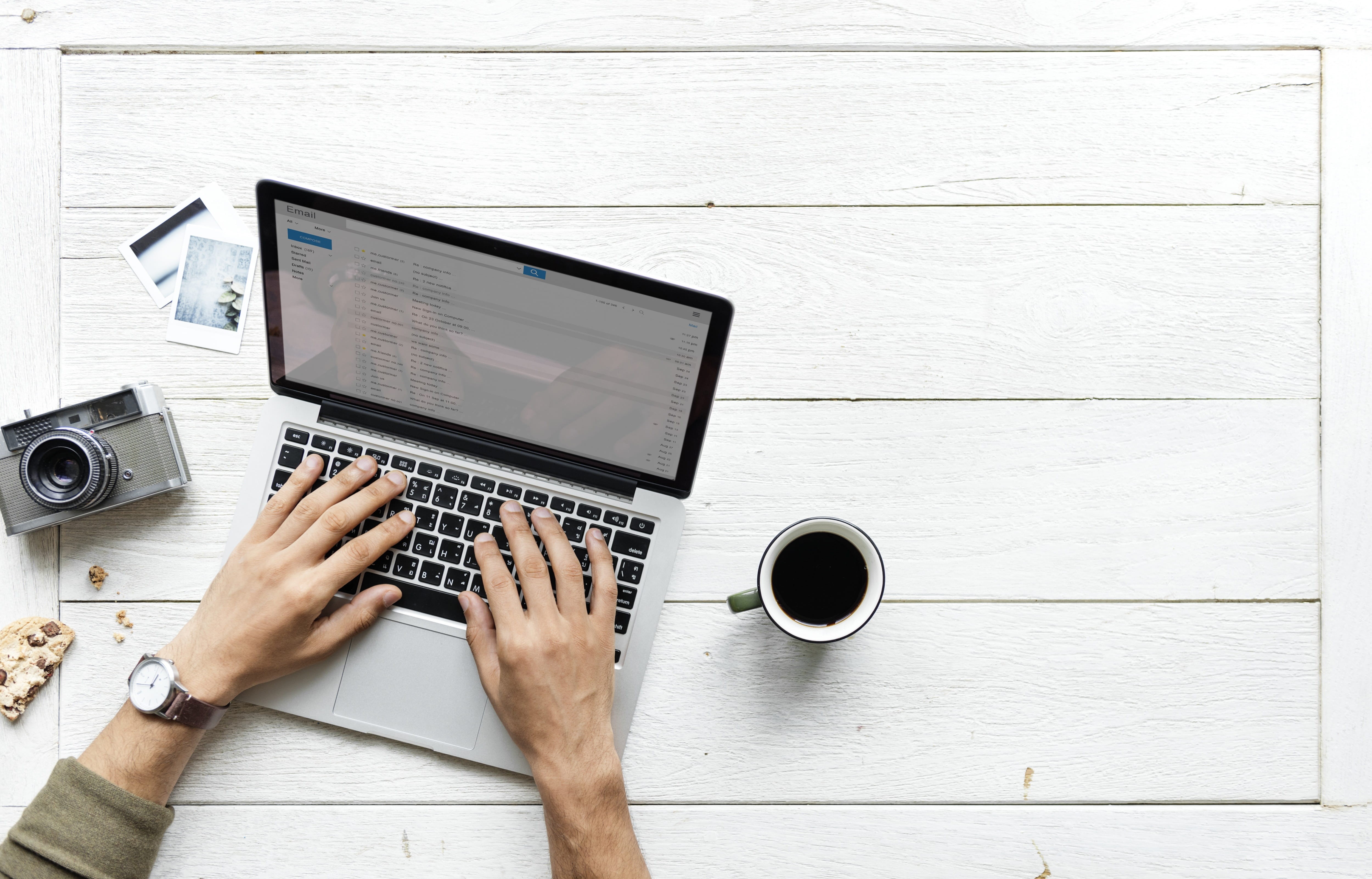 coffee cup, flatlay, home, blog, using laptop, background, connection, laptop, aerial, browsing, digital, communication, table, computer, cup, typing, technology, HD Wallpaper
