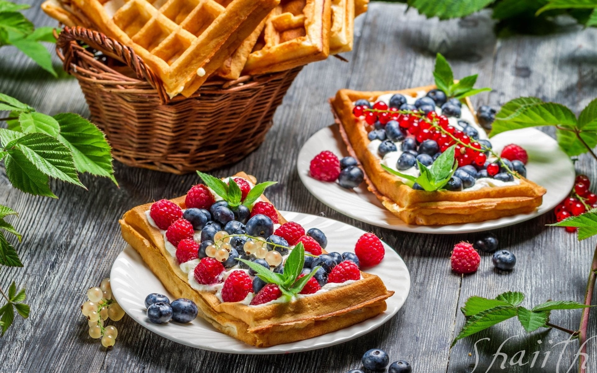 meal, fruit, freshness, raspberry, garnish, herb, ready-to-eat, blueberry, sweet, sweet food, plate, berry fruit, wood - material, table, waffles, leaf, HD Wallpaper
