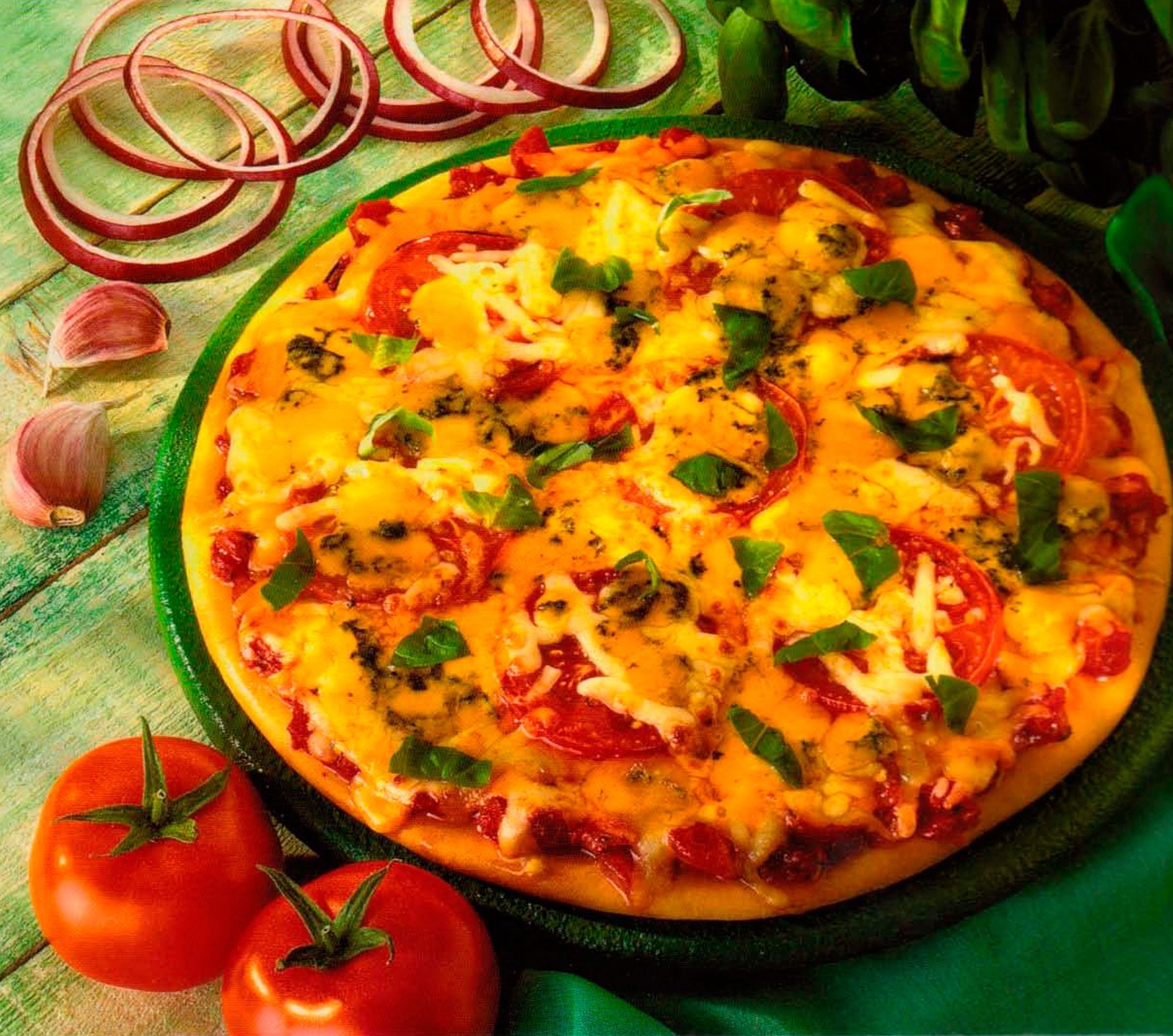 italian cuisine, 1080P, vegetarian food, crockery, high angle view, herb, garnish, delicious, table, pizza, indoors, tomato, fruit, vegetable, no people, HD Wallpaper