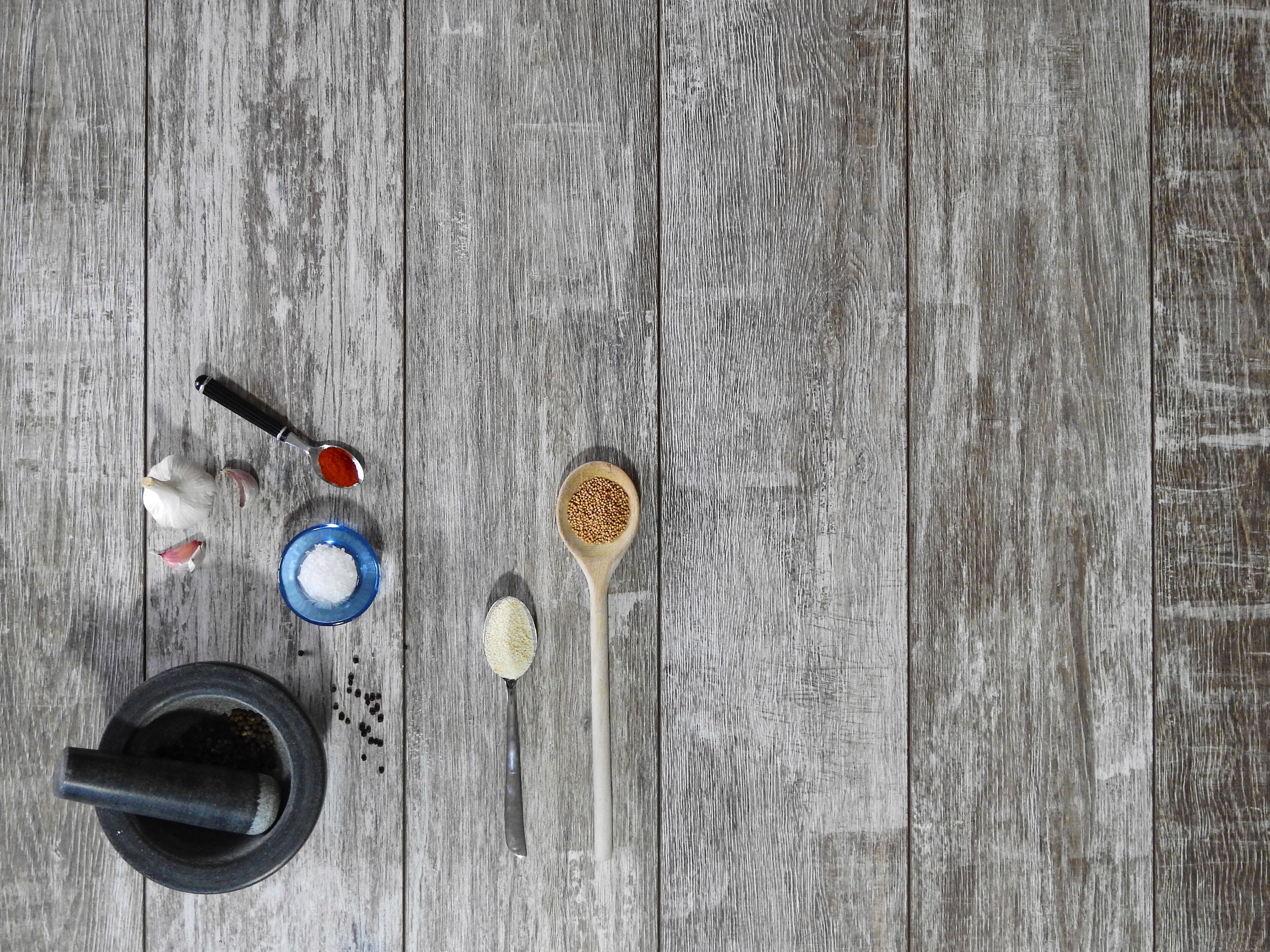 salt, indoors, masher, benefit from, garlic, bowl, mortar, table, group of objects, drinking glass, spoon, directly above, mustard, food, paprika, pepper, HD Wallpaper