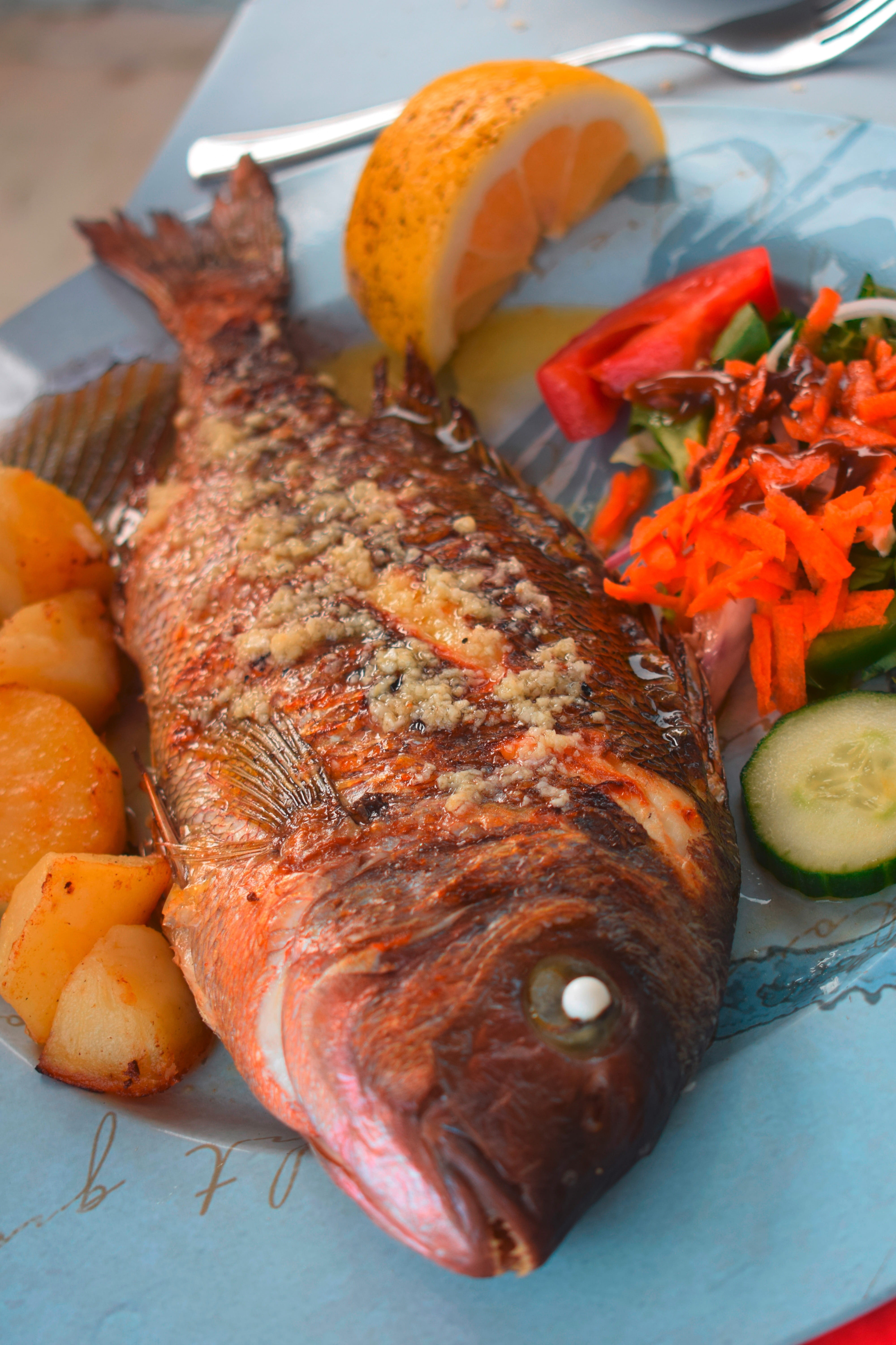 fish, wellbeing, orange color, serving size, delicious, sea, healthy eating, restaurant, healthy, sea bream, tasty, grilled, high angle view, meat, vegetable, Phone HD Wallpaper