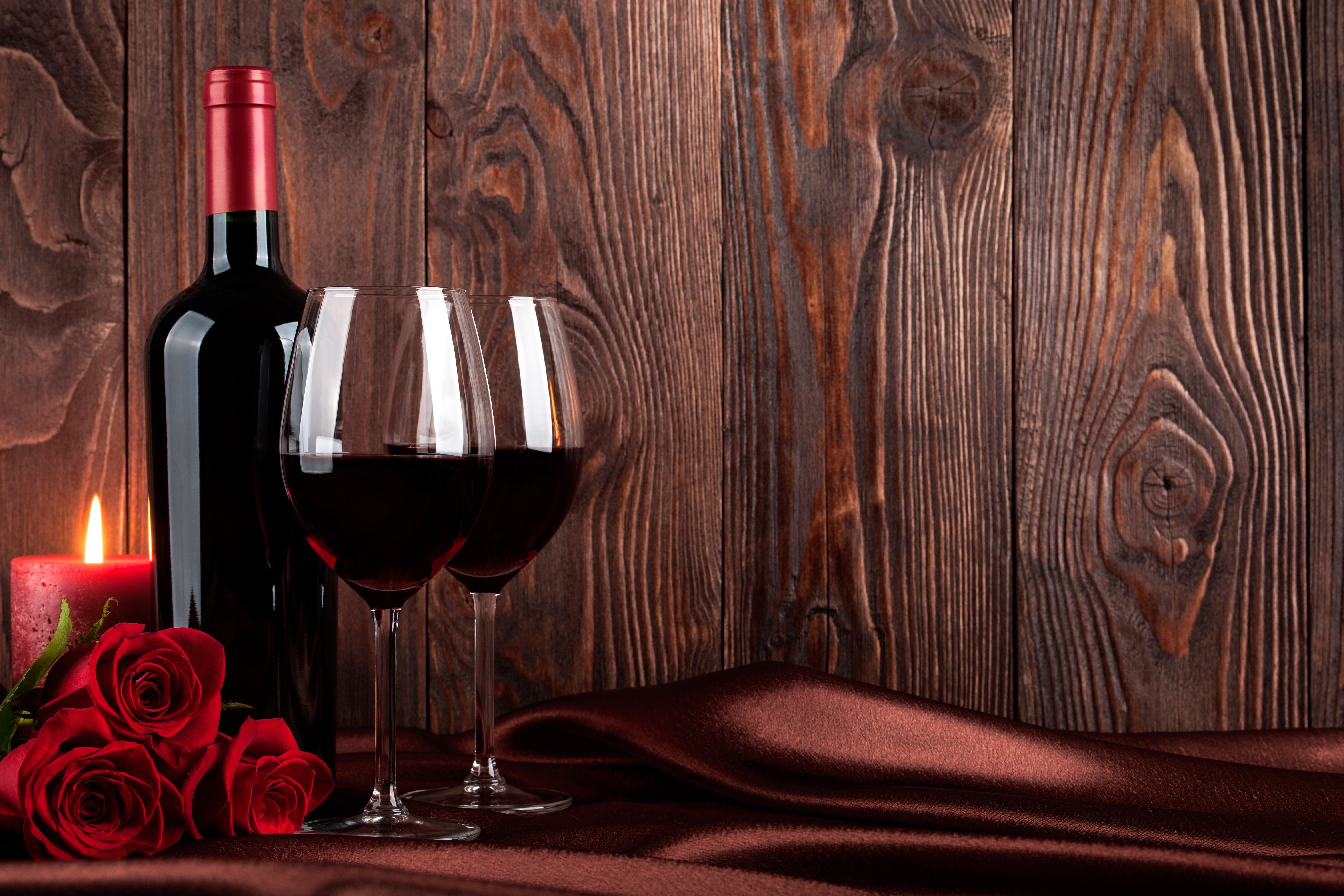 Board, background, red, candle, bokeh, flowers, roses, bottle, fire, 5K, glasses, wine, fabric, HD Wallpaper