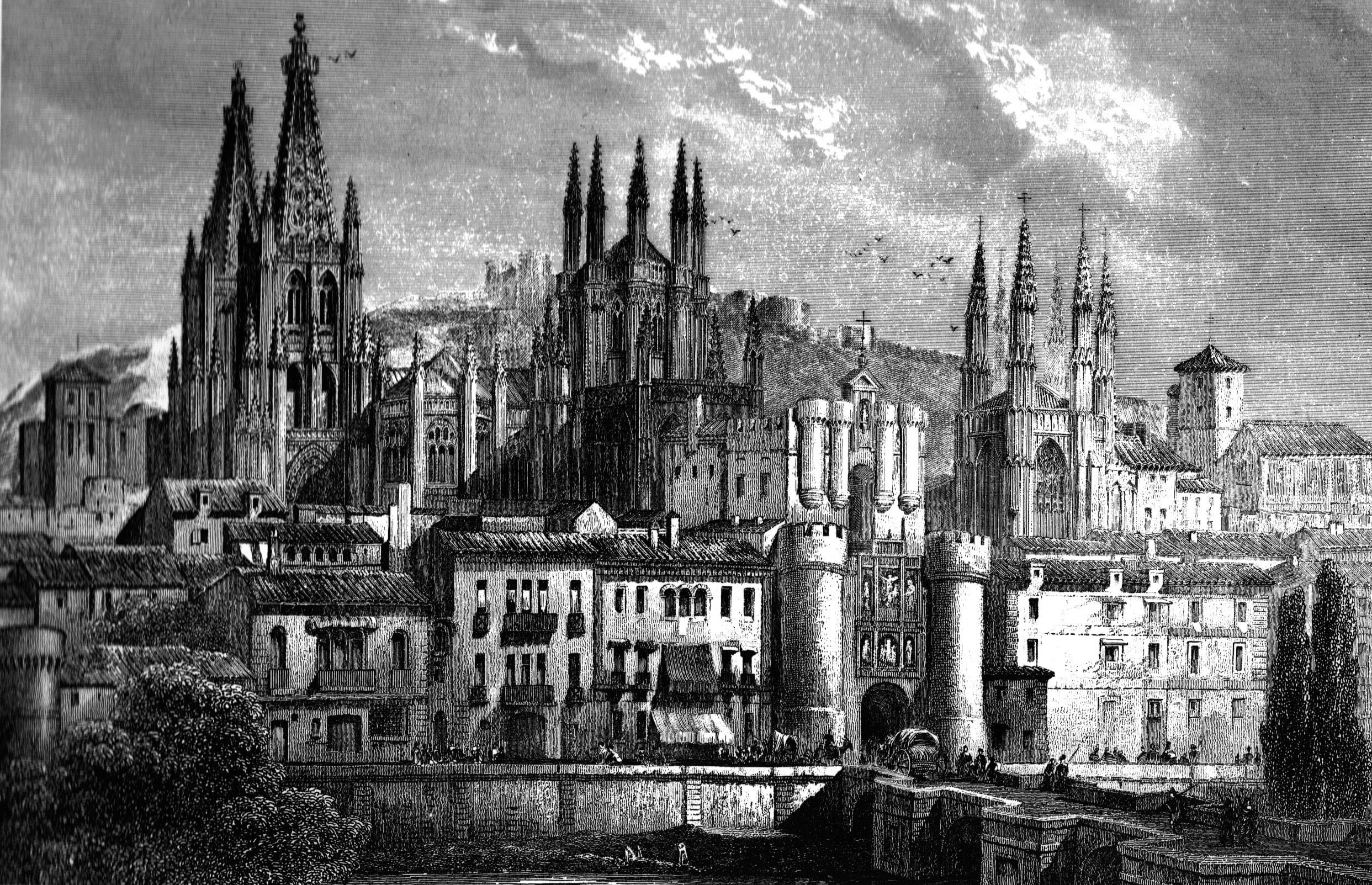spire, travel destinations, religion, spirituality, buildings, black And White, no people, city, public domain, nature, Spain, obsolete, building exterior, HD Wallpaper