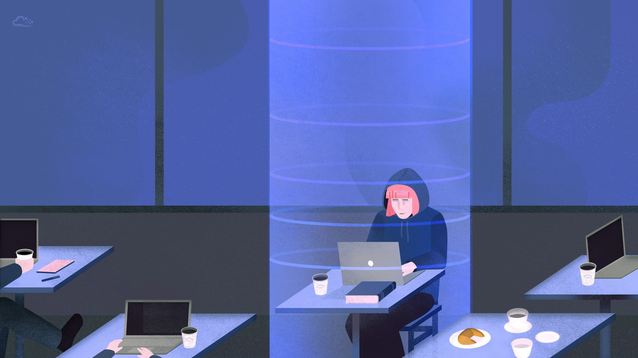 technology, lighting equipment, office, 2K, computer equipment, connection, no people, communication, wall - building feature, blue, wooden, shelf, corporate business, HD Wallpaper
