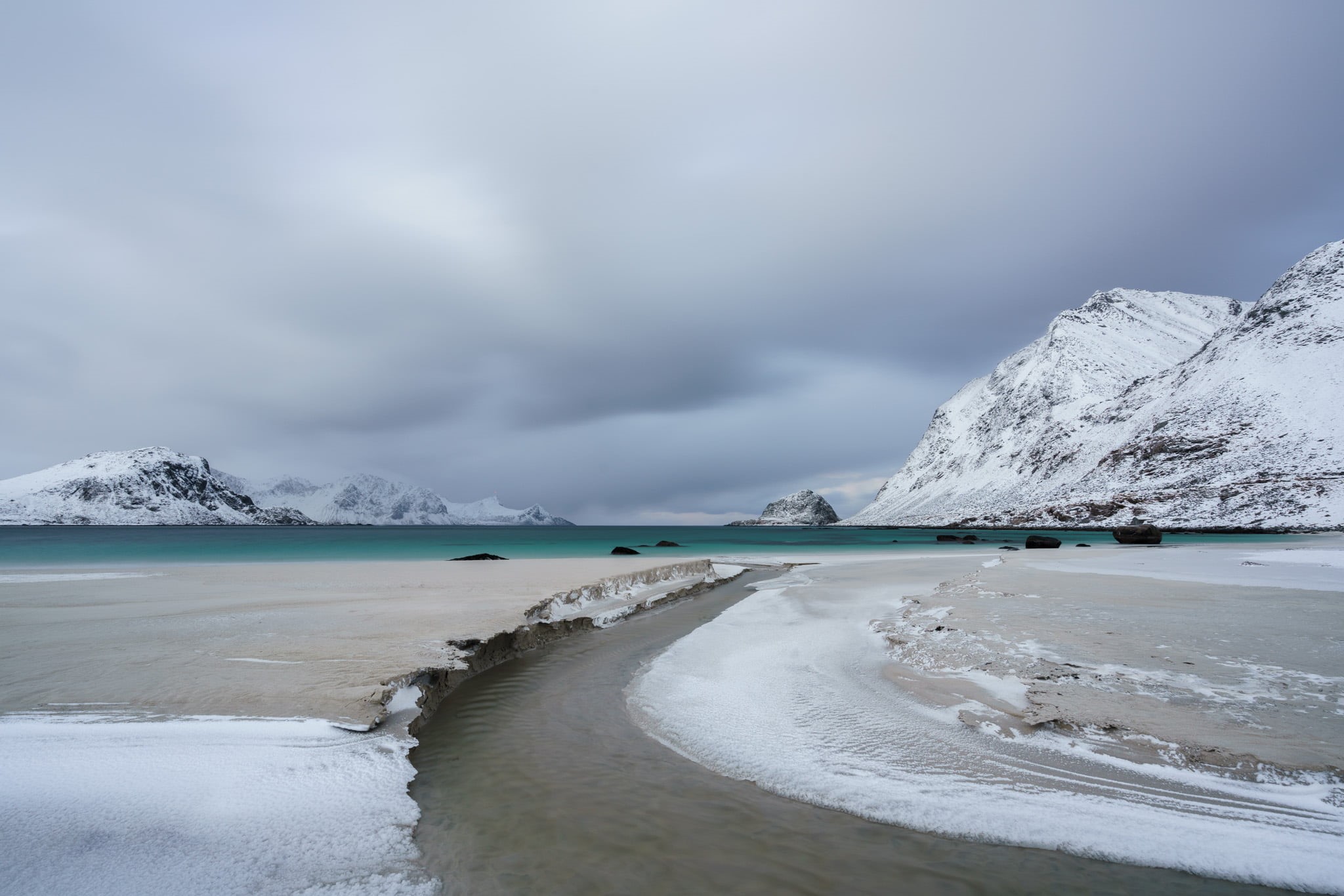 scenics, mountain, ice, water, Haukland, outdoors, body, Sunrise, Lofoten Islands, River of Ice, white, nature, Sony A7rii, snow, winter, sand, Sand  Snow, HD Wallpaper