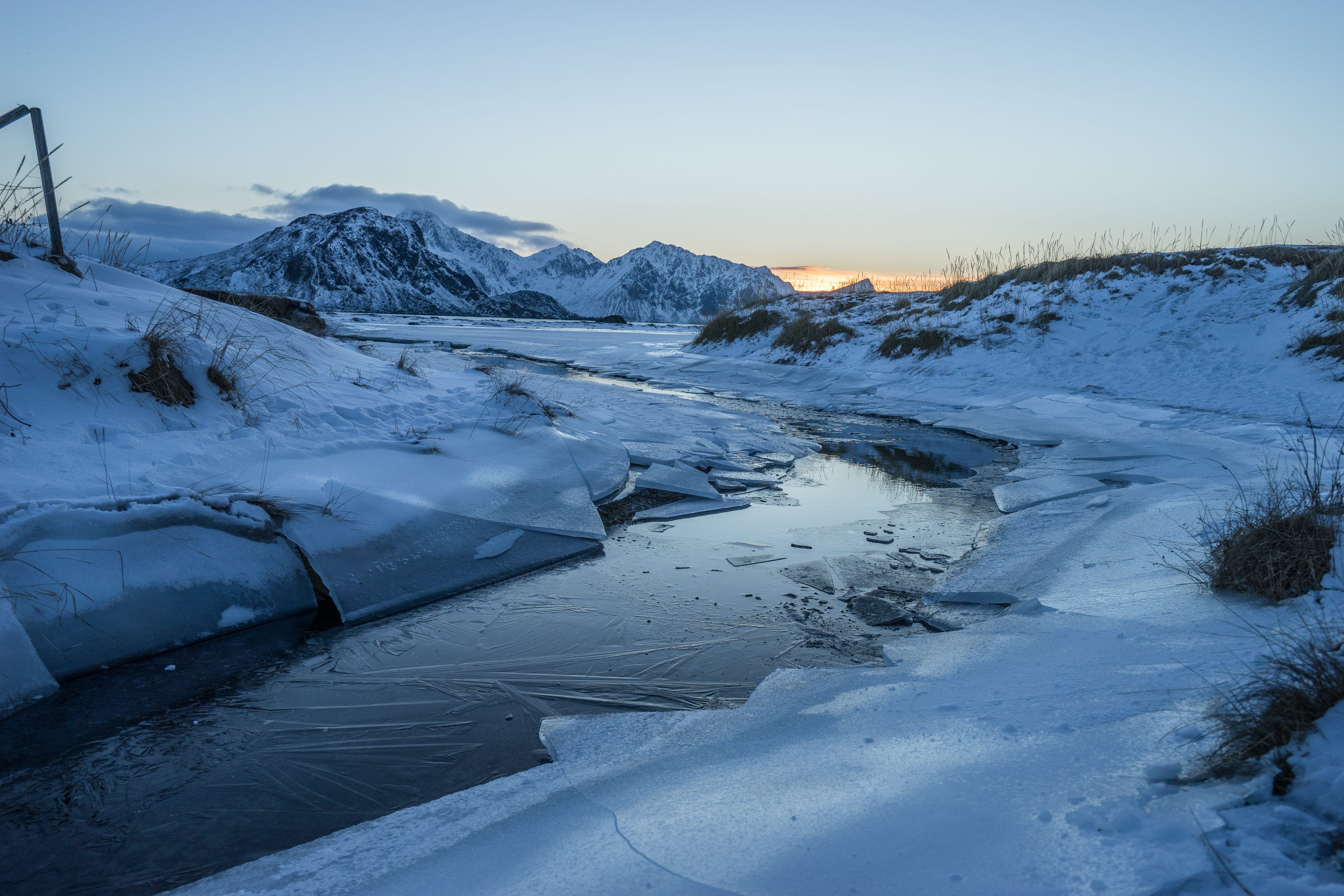 water, scenics - nature, beauty in nature, cold temperature, 5K, haukland, frozen, tranquility, beach, norway, landscape, no people, tranquil scene, mountain, HD Wallpaper
